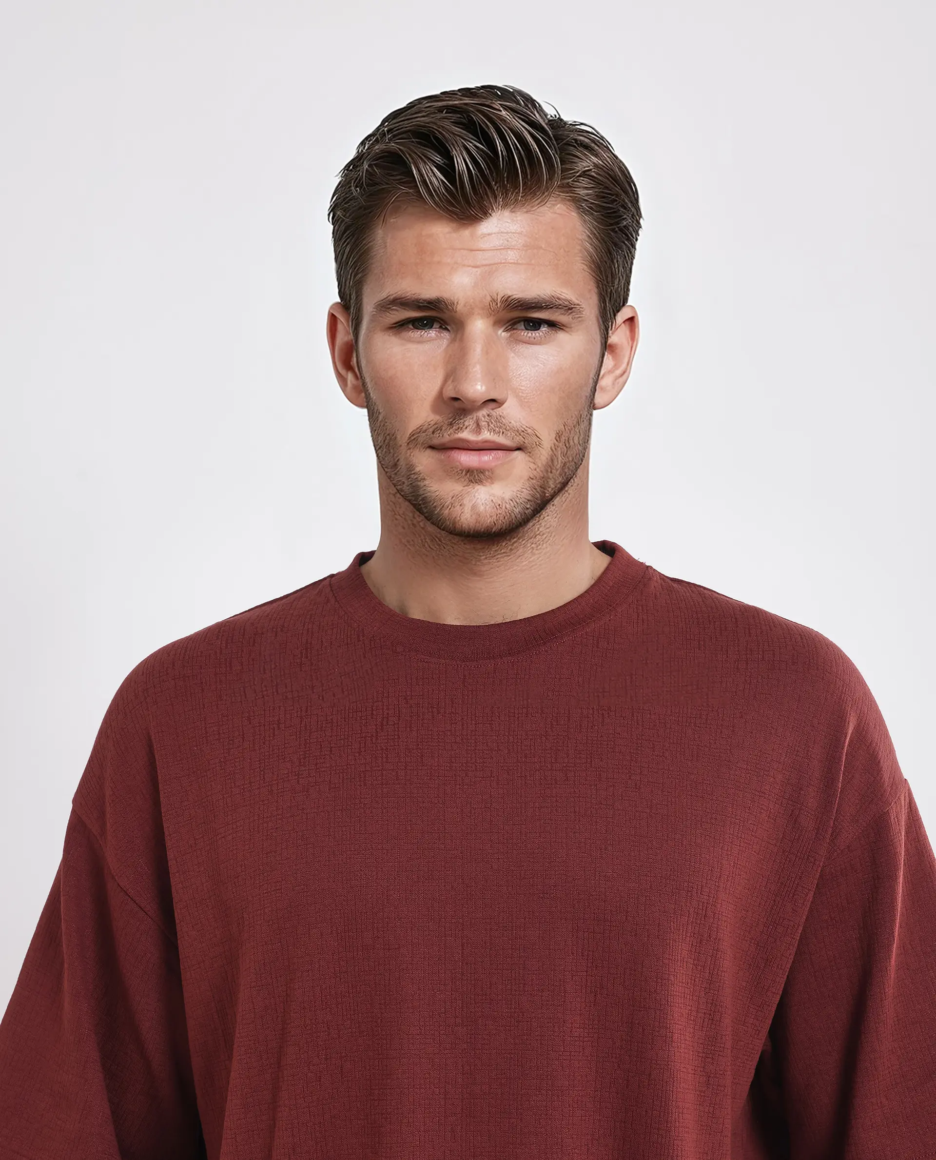 Rare Rabbit Men's Kelos Rust Cotton Blend Plain Oversized Fit Half Sleeve Crew Neck T-Shirt - Image 4