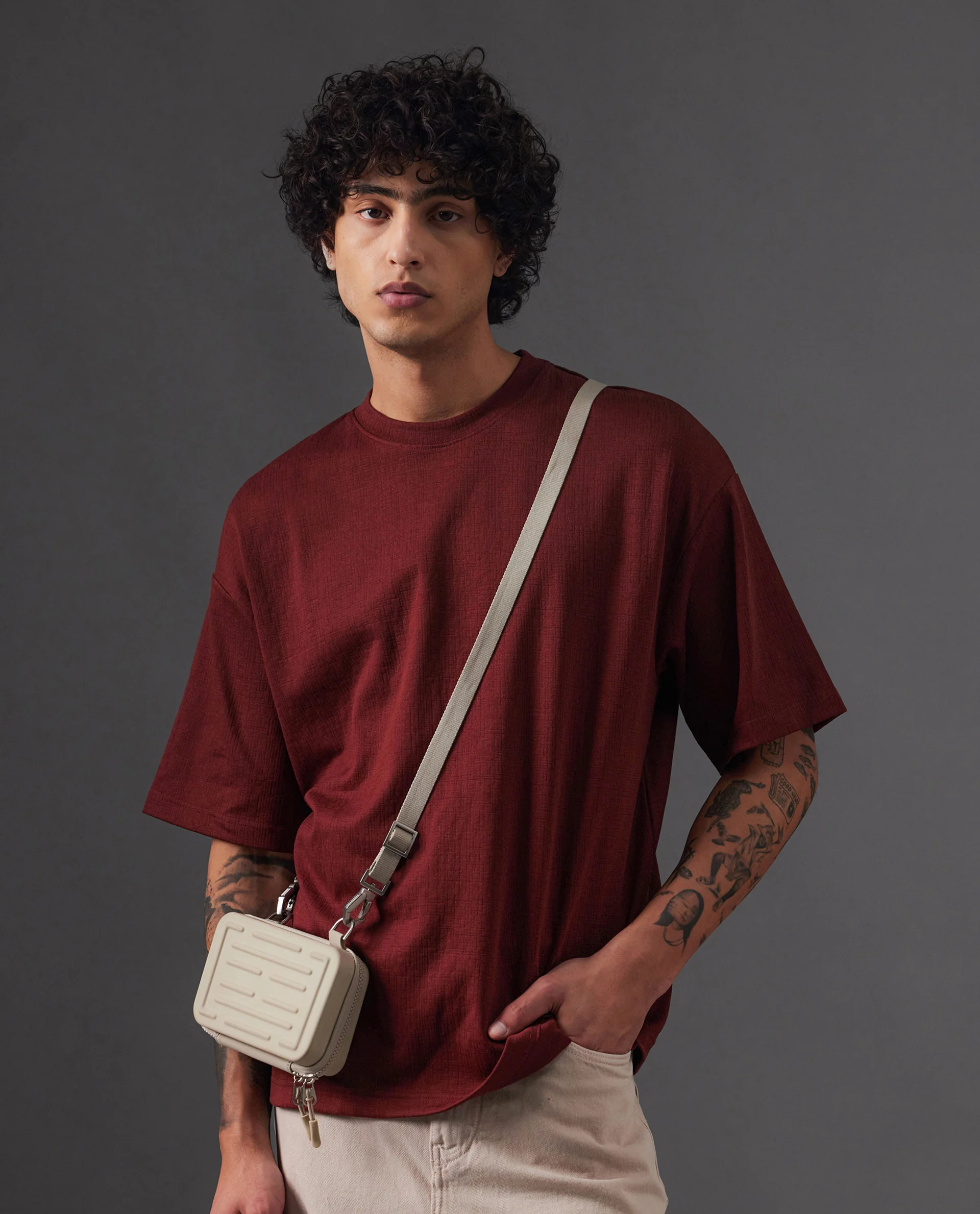 Rare Rabbit Men's Kelos Rust Cotton Blend Plain Oversized Fit Half Sleeve Crew Neck T-Shirt - Image 5