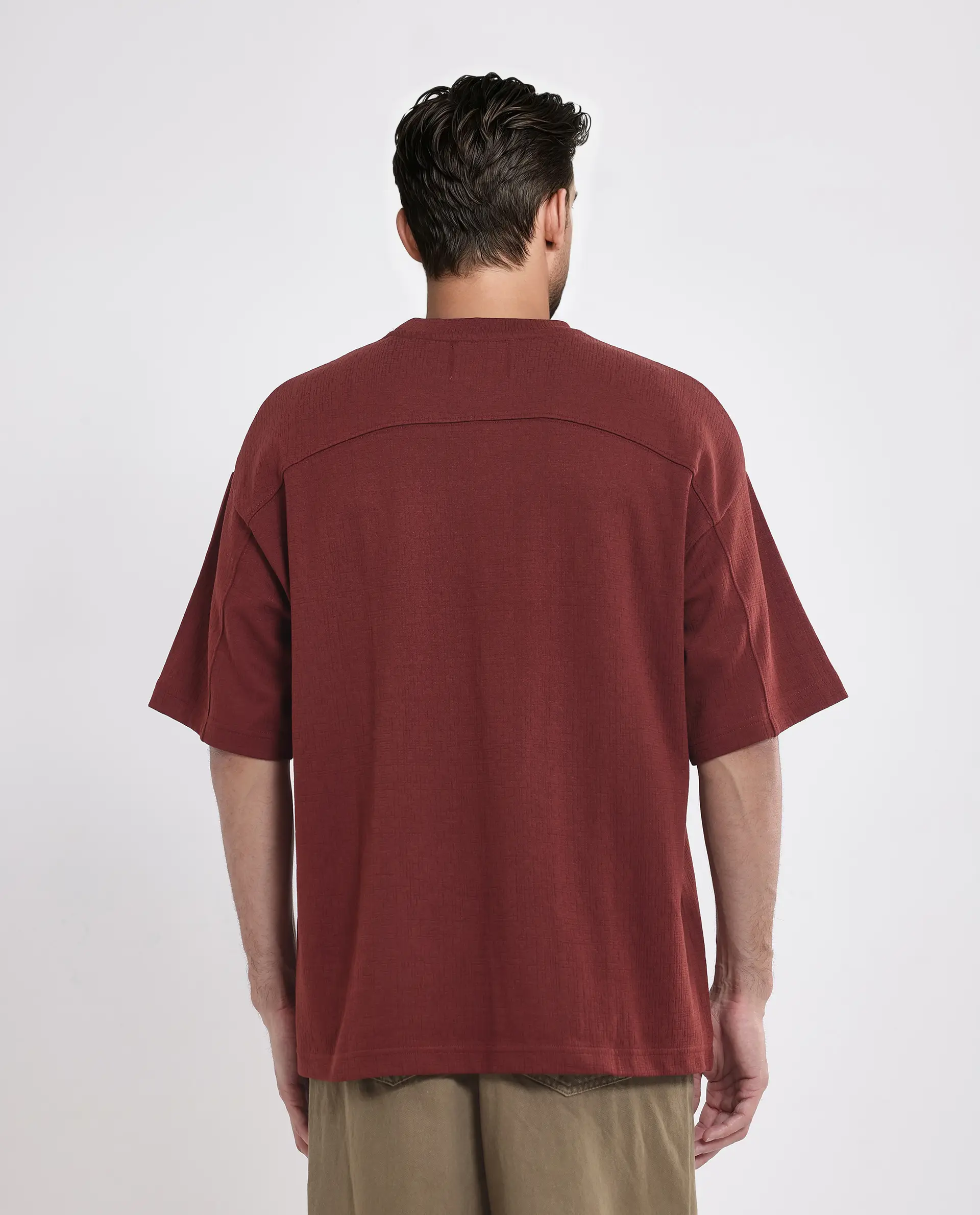 Rare Rabbit Men's Kelos Rust Cotton Blend Plain Oversized Fit Half Sleeve Crew Neck T-Shirt - Image 6