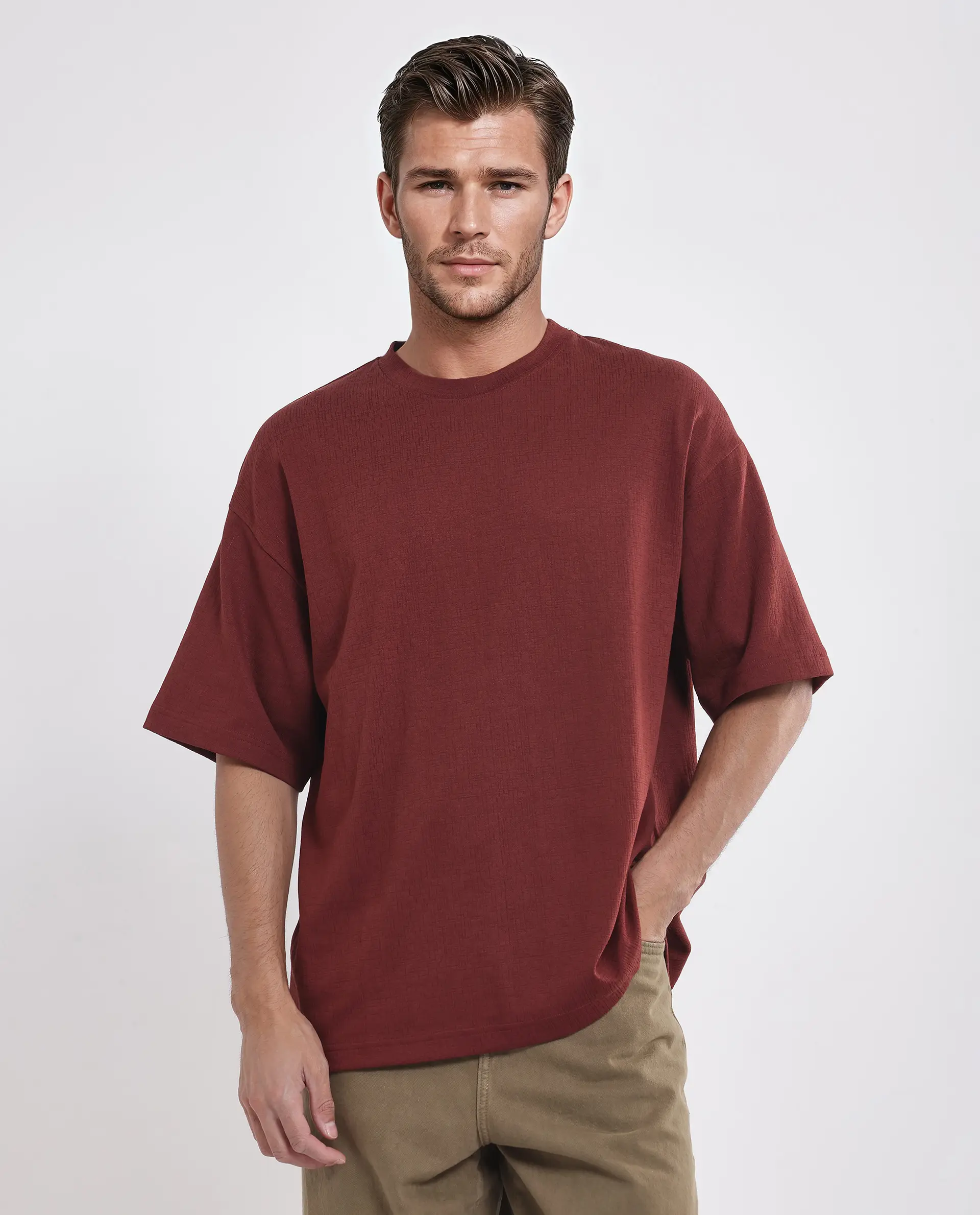 Rare Rabbit Men's Kelos Rust Cotton Blend Plain Oversized Fit Half Sleeve Crew Neck T-Shirt - Image 7