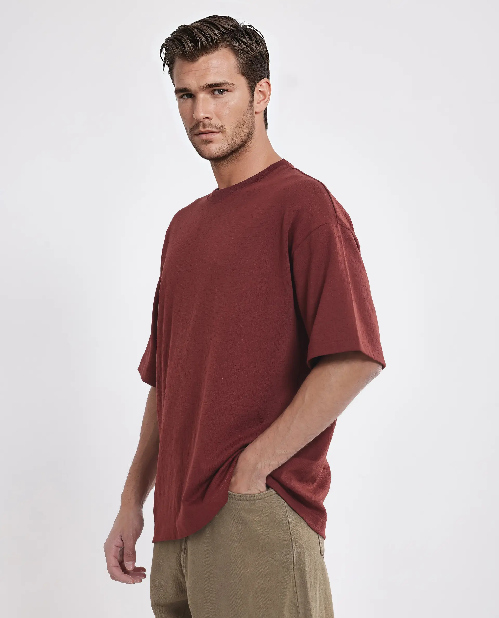 Rare Rabbit Men's Kelos Rust Cotton Blend Plain Oversized Fit Half Sleeve Crew Neck T-Shirt - Image 8