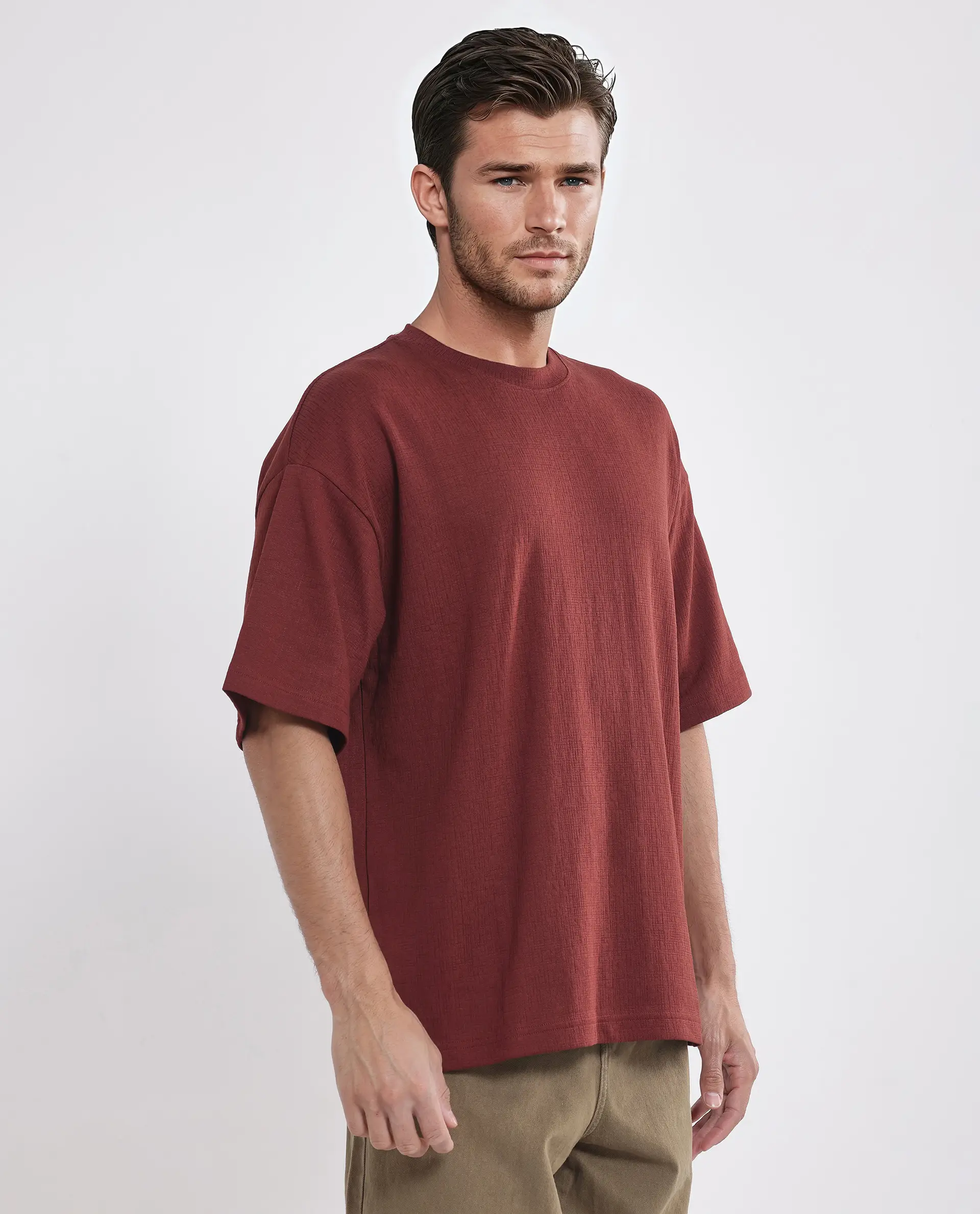 Rare Rabbit Men's Kelos Rust Cotton Blend Plain Oversized Fit Half Sleeve Crew Neck T-Shirt - Image 9