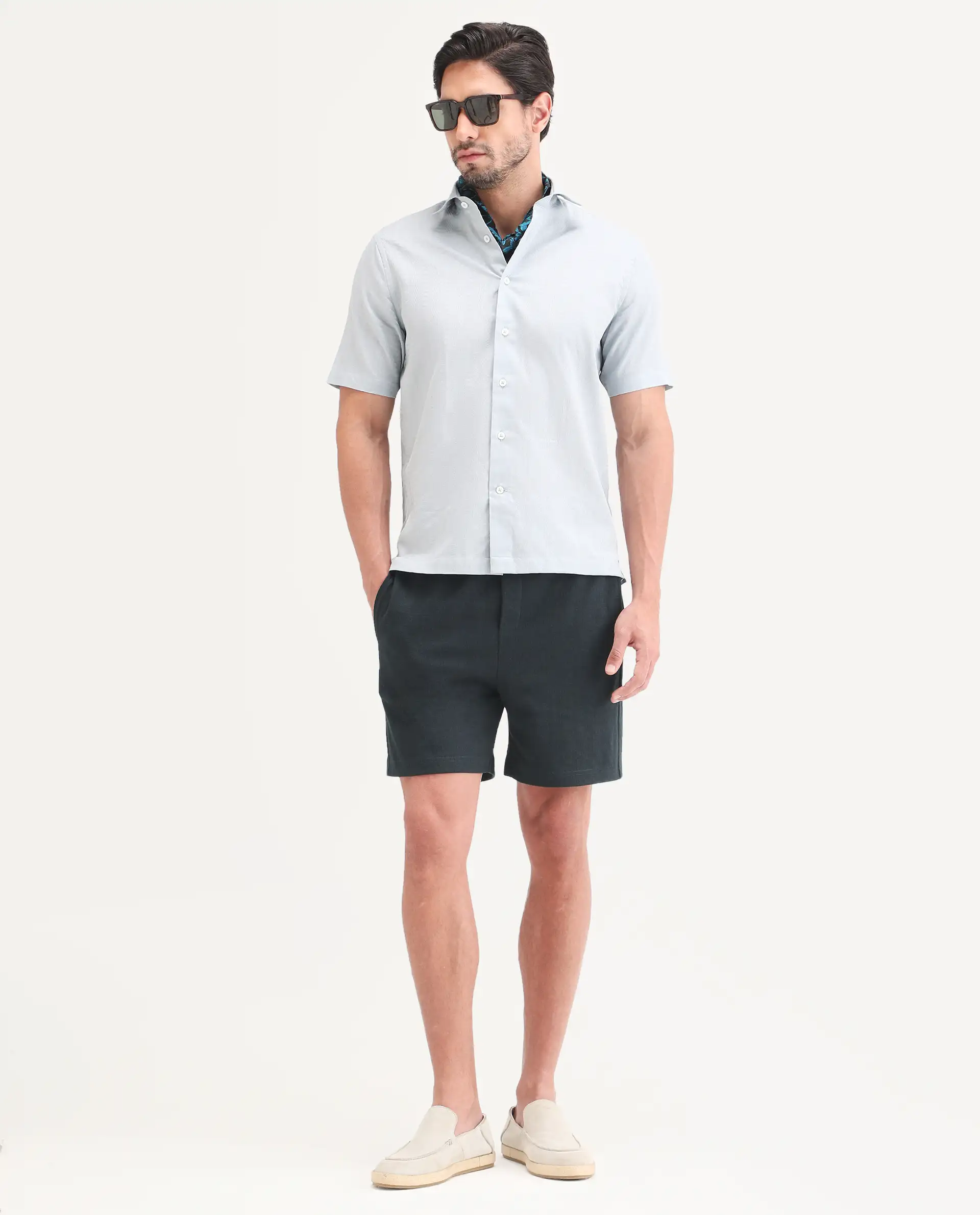 Rare Rabbit Men's Kelos-Sh26 Dark Teal Cotton Blend Fabric Regular Fit Plain Shorts