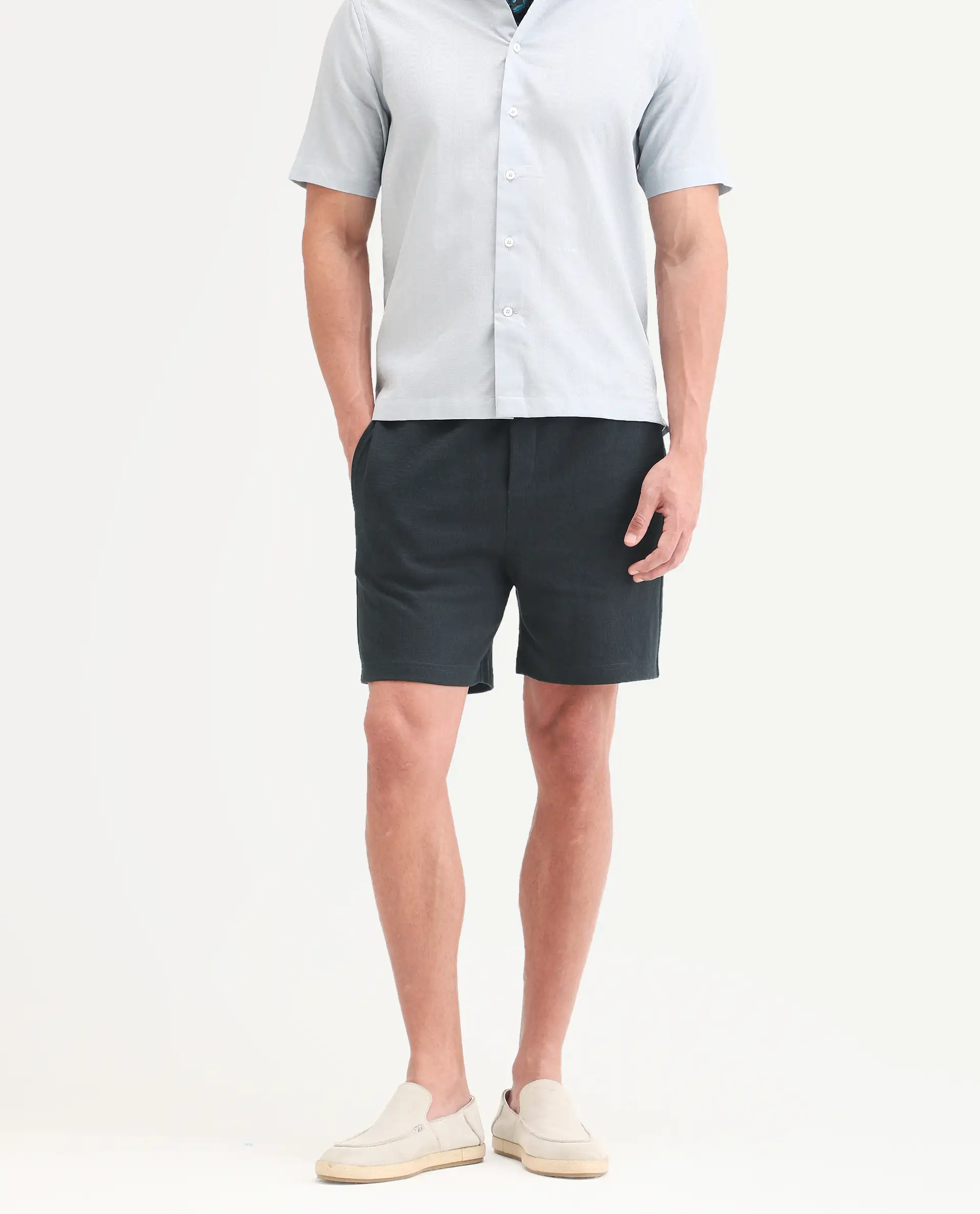 Rare Rabbit Men's Kelos-Sh26 Dark Teal Cotton Blend Fabric Regular Fit Plain Shorts - Image 2