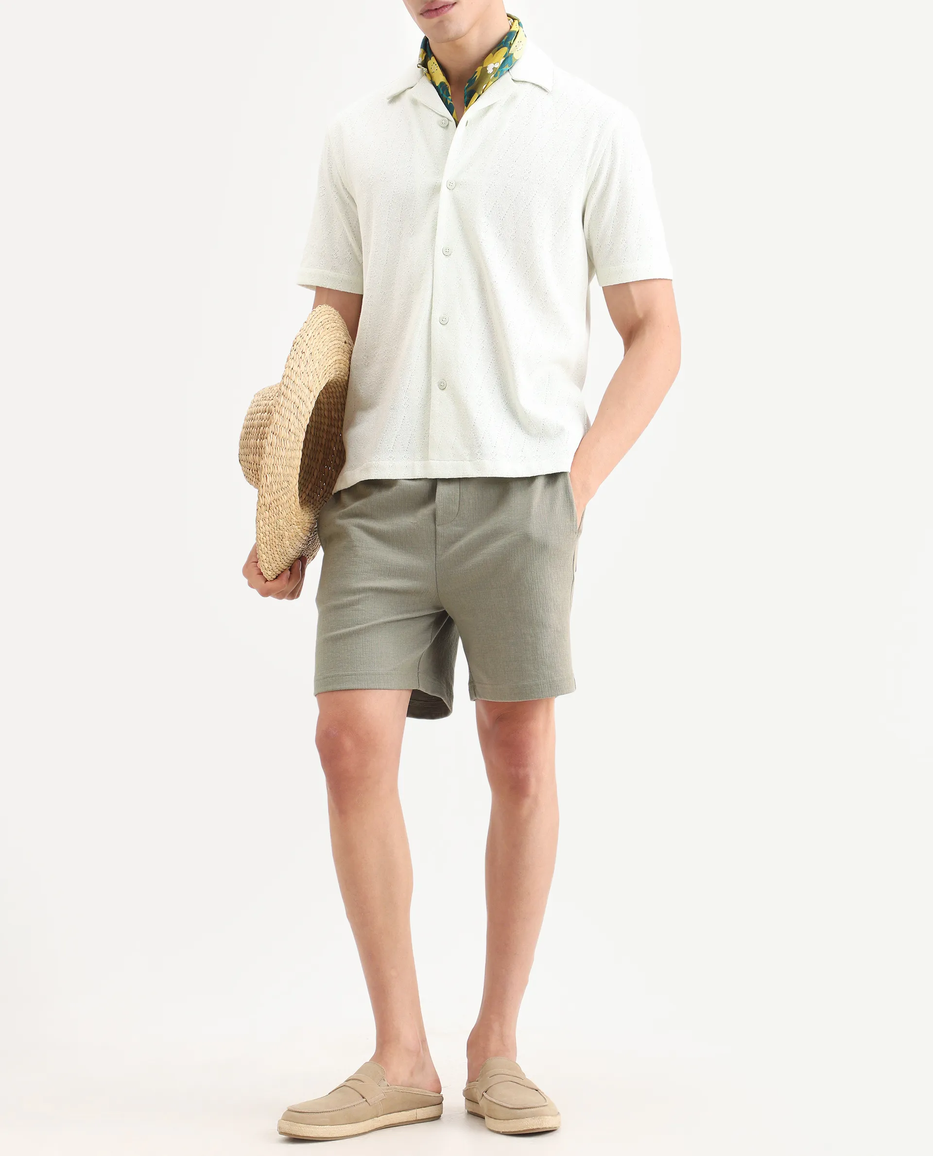 Rare Rabbit Men's Kelos-Sh26 Dusky Green Cotton Blend Fabric Regular Fit Plain Shorts - Image 2