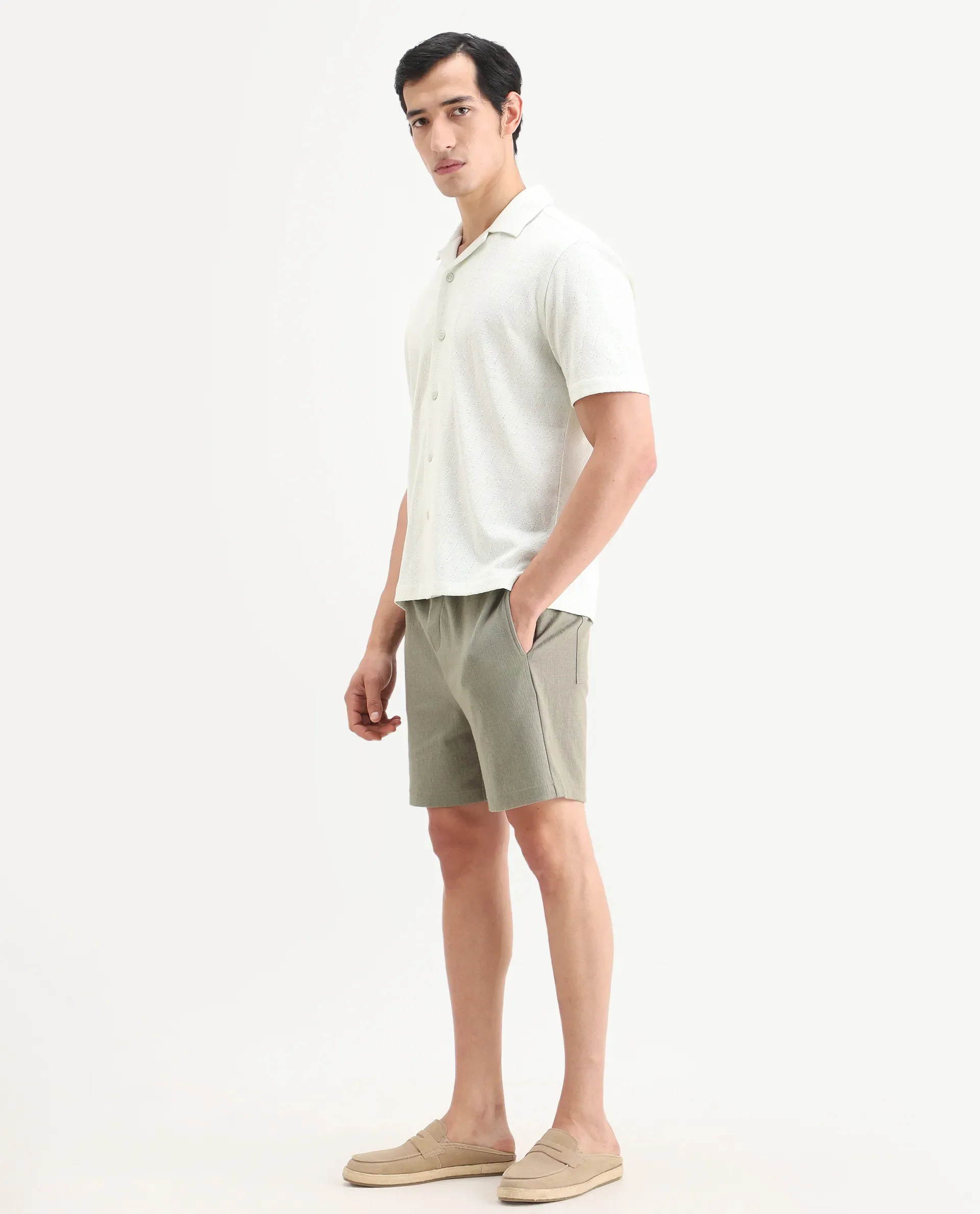 Rare Rabbit Men's Kelos-Sh26 Dusky Green Cotton Blend Fabric Regular Fit Plain Shorts - Image 4