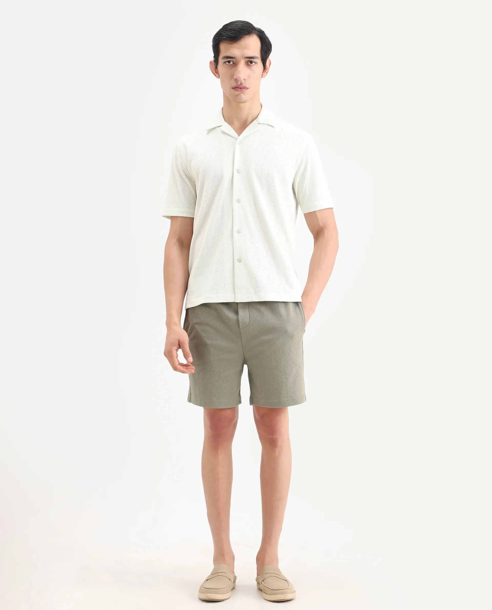 Rare Rabbit Men's Kelos-Sh26 Dusky Green Cotton Blend Fabric Regular Fit Plain Shorts - Image 5