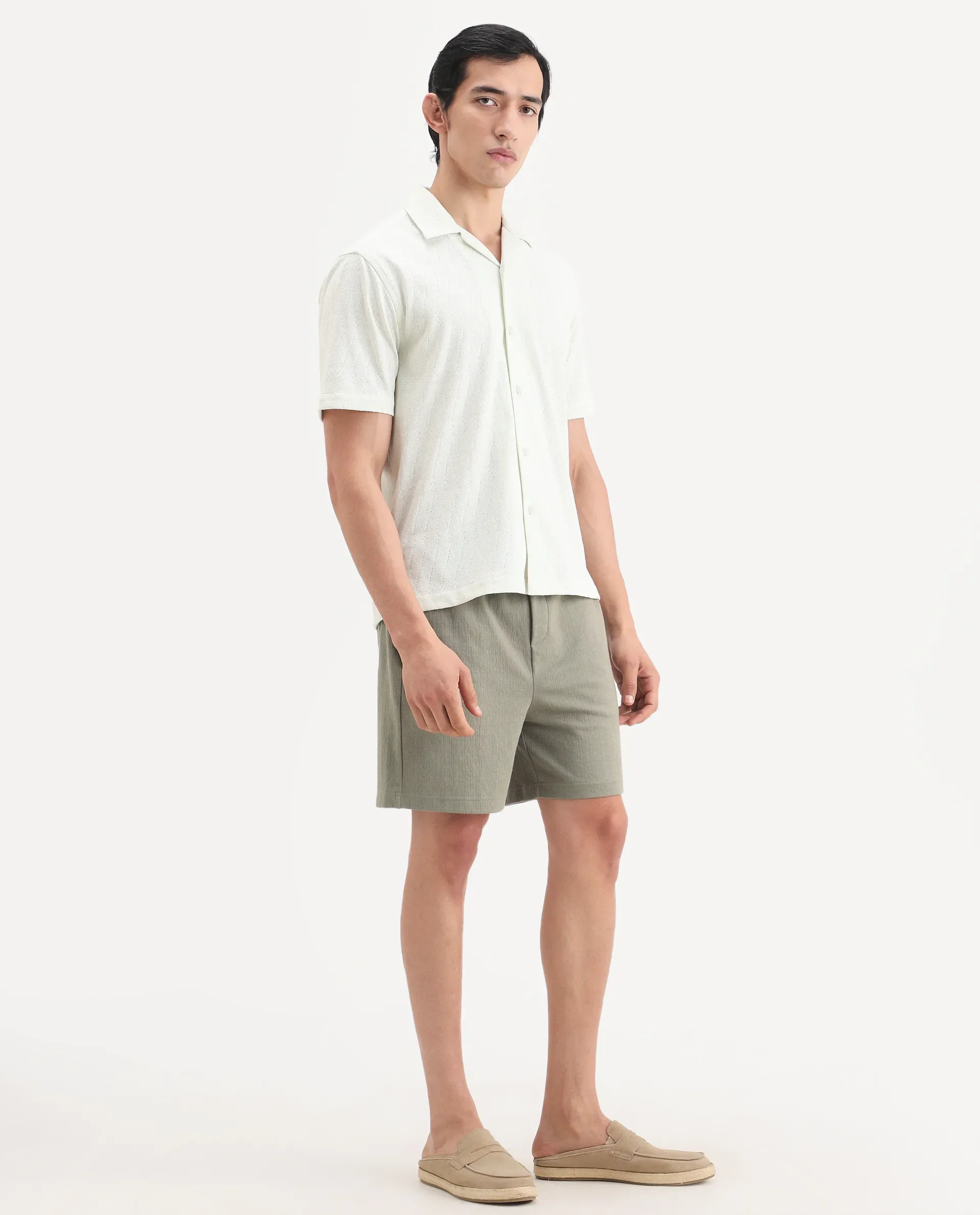 Rare Rabbit Men's Kelos-Sh26 Dusky Green Cotton Blend Fabric Regular Fit Plain Shorts - Image 6
