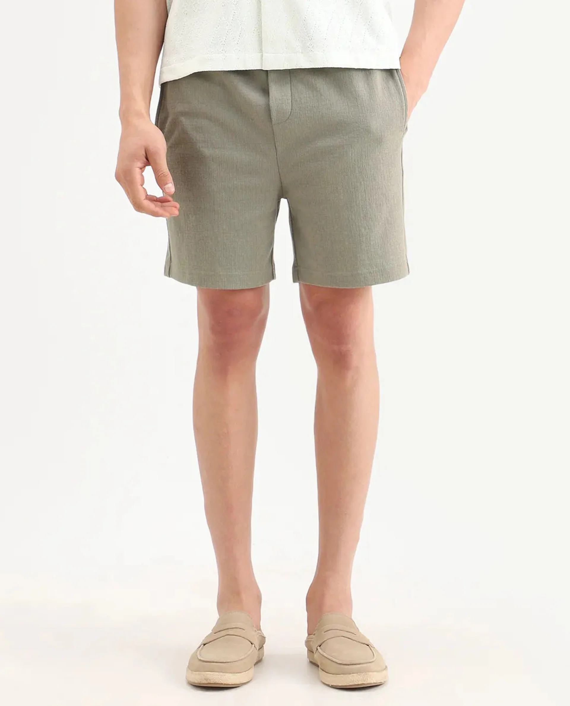 Rare Rabbit Men's Kelos-Sh26 Dusky Green Cotton Blend Fabric Regular Fit Plain Shorts - Image 8