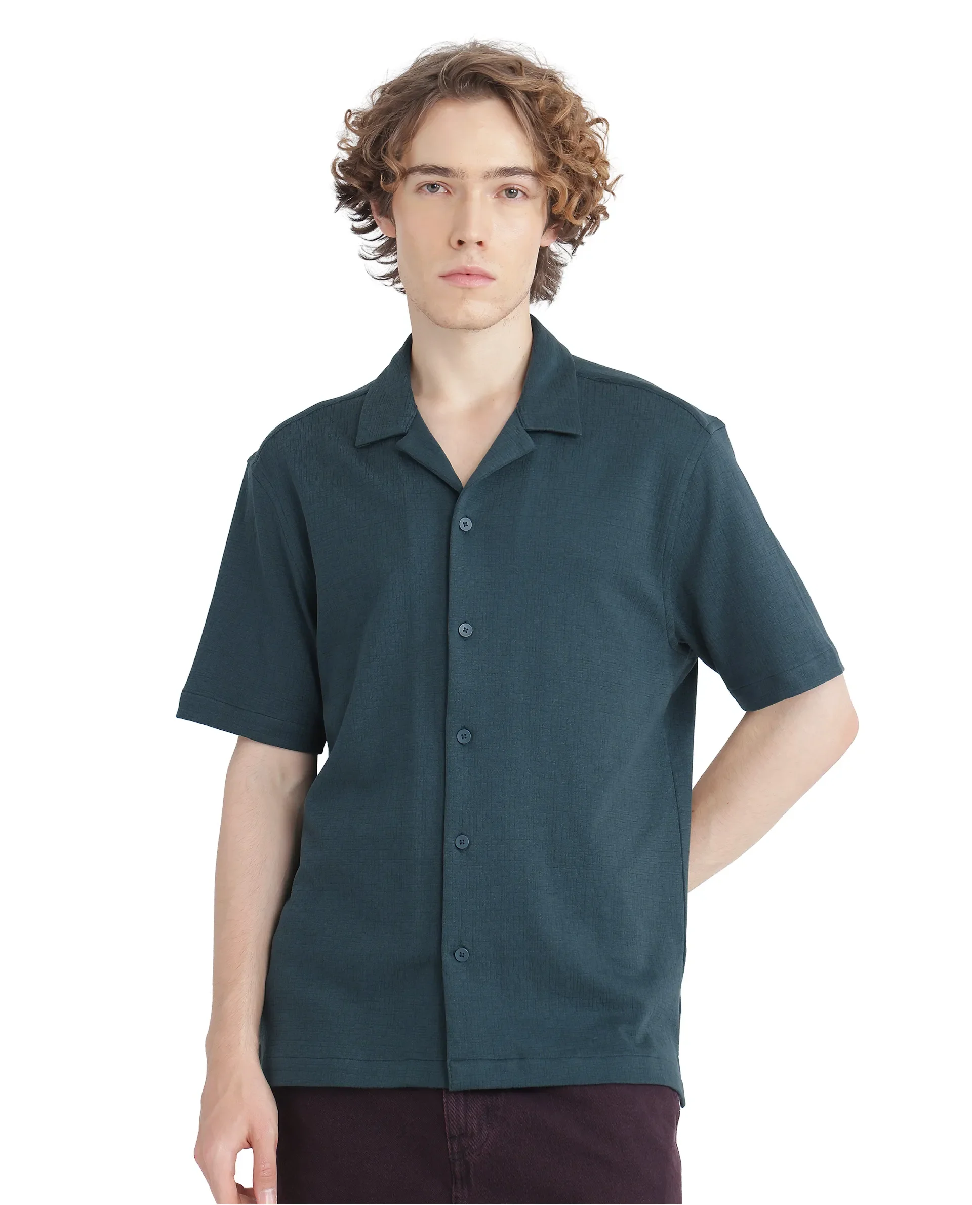 Rare Rabbit Men's Kelos-Ss Dark Green Cotton Blend Plain Boxy Fit Half Sleeve Cuban Collar Shirt - Image 2