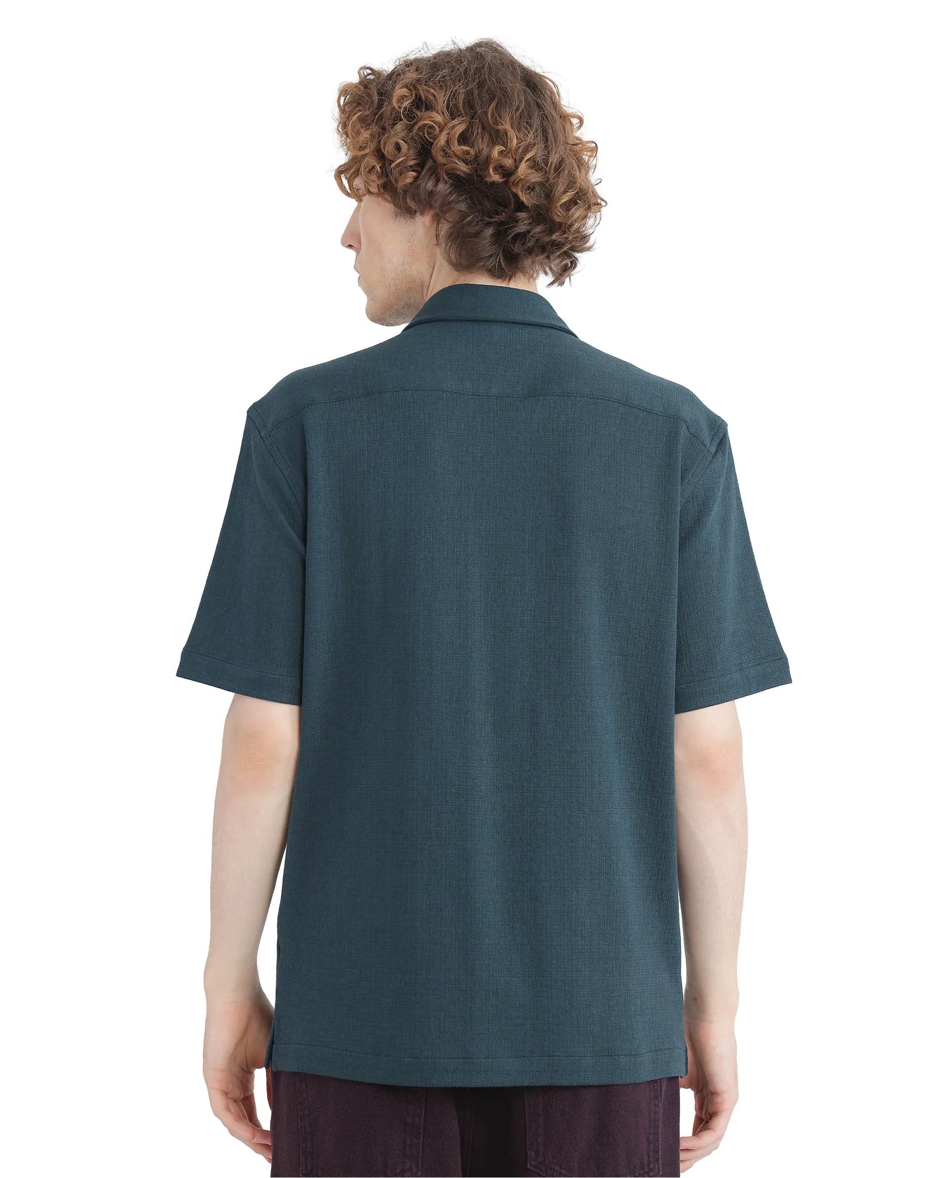 Rare Rabbit Men's Kelos-Ss Dark Green Cotton Blend Plain Boxy Fit Half Sleeve Cuban Collar Shirt - Image 4