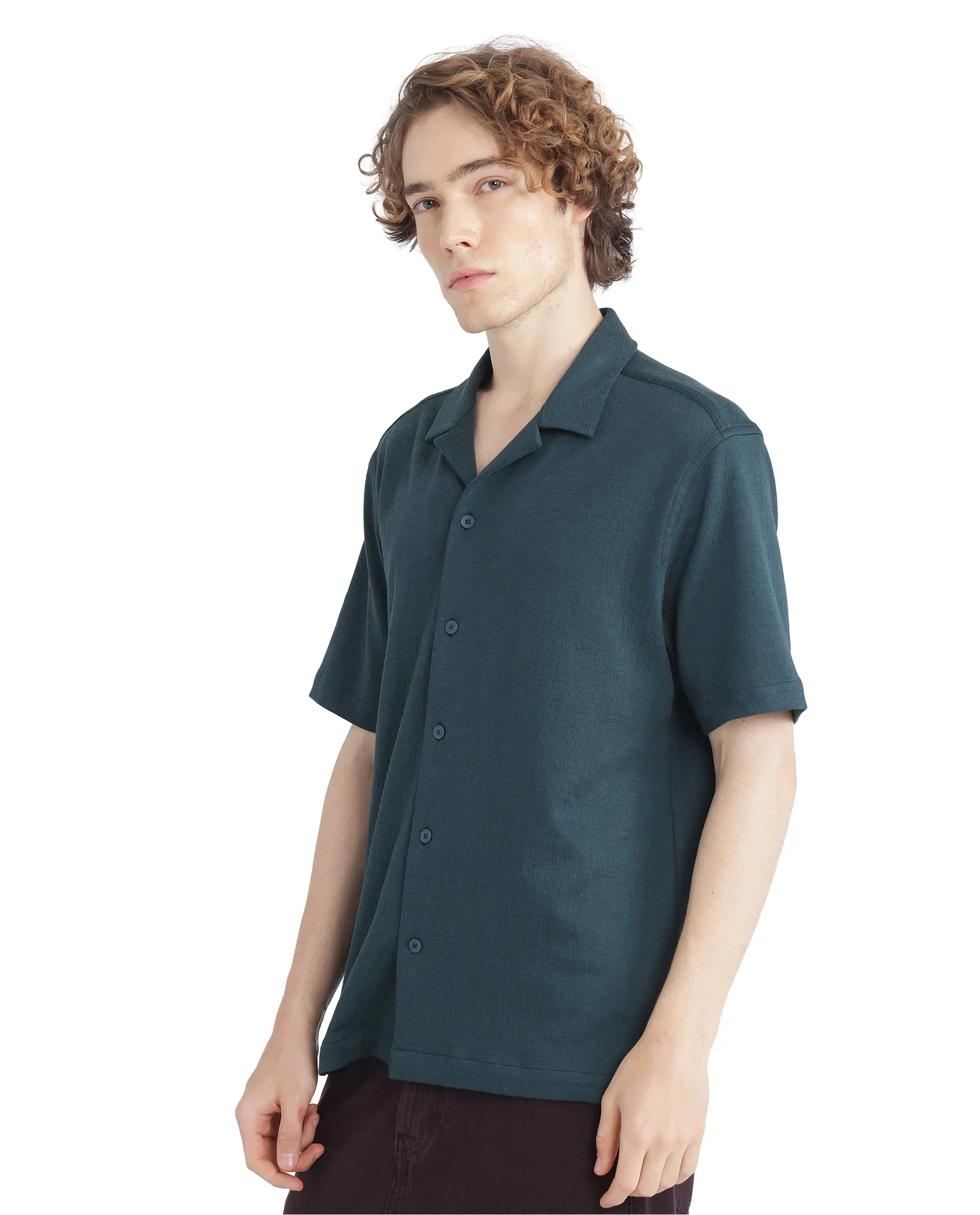 Rare Rabbit Men's Kelos-Ss Dark Green Cotton Blend Plain Boxy Fit Half Sleeve Cuban Collar Shirt - Image 5