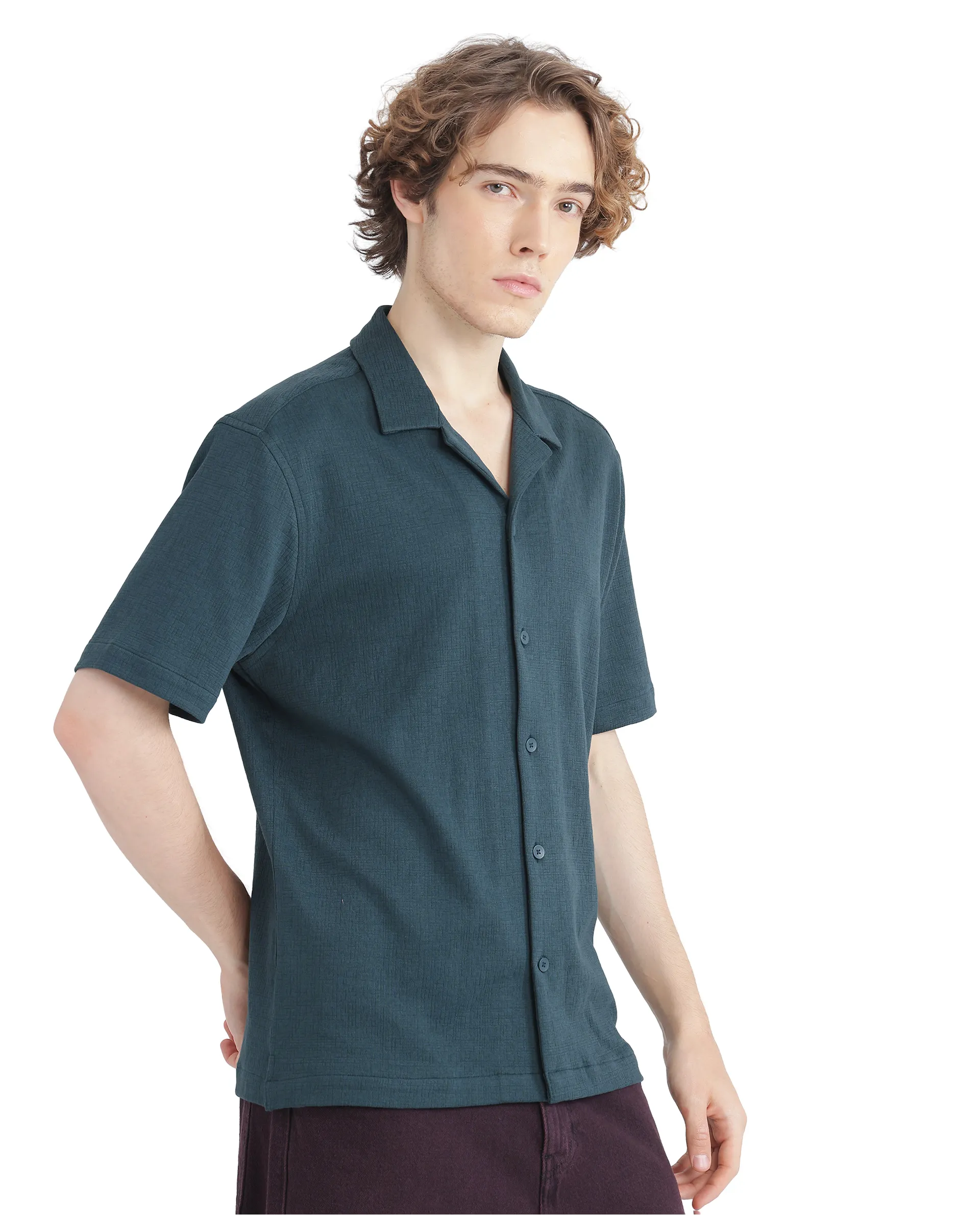Rare Rabbit Men's Kelos-Ss Dark Green Cotton Blend Plain Boxy Fit Half Sleeve Cuban Collar Shirt - Image 6
