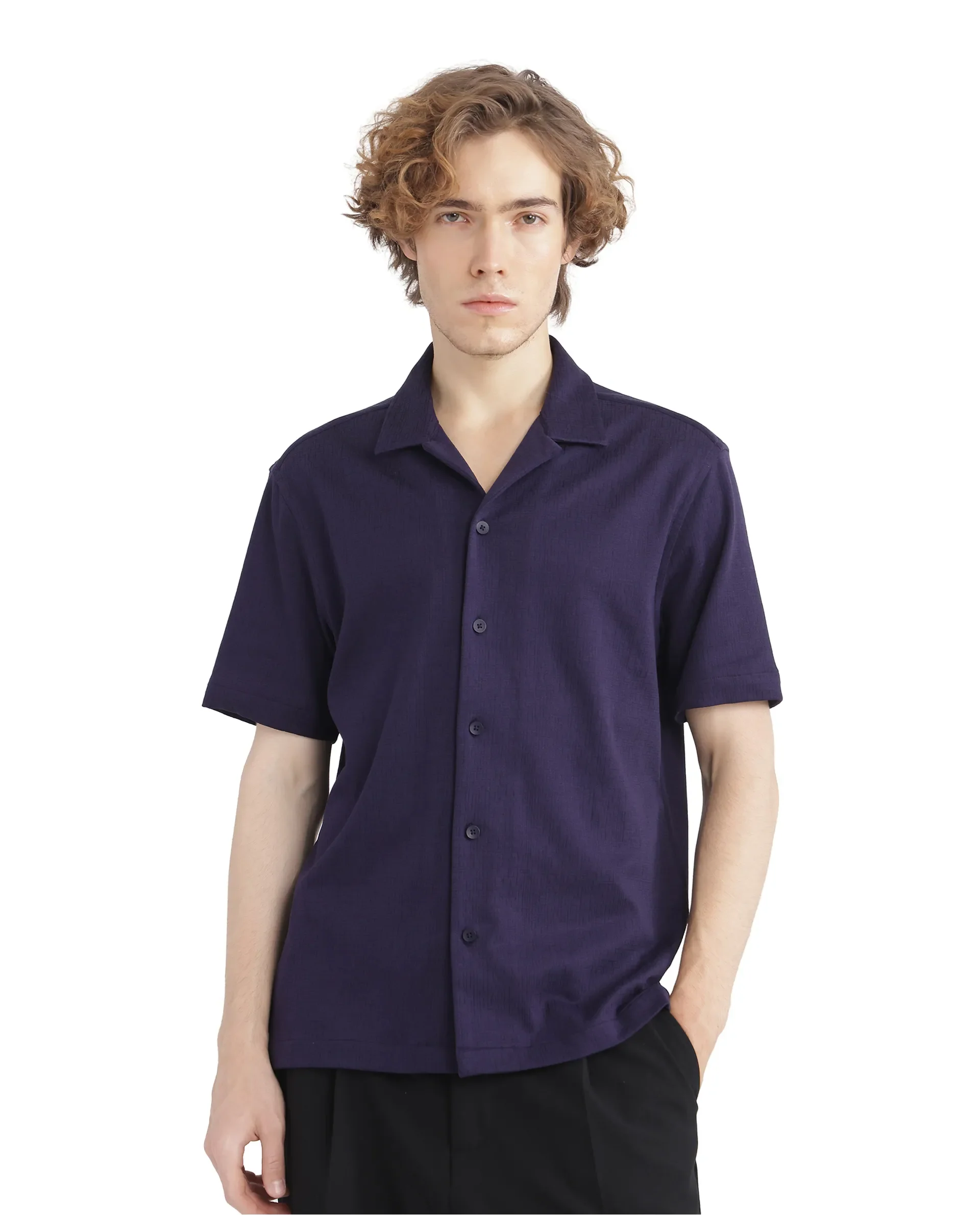 Rare Rabbit Men's Kelos-Ss Dark Purple Cotton Blend Plain Boxy Fit Half Sleeve Cuban Collar Shirt - Image 2