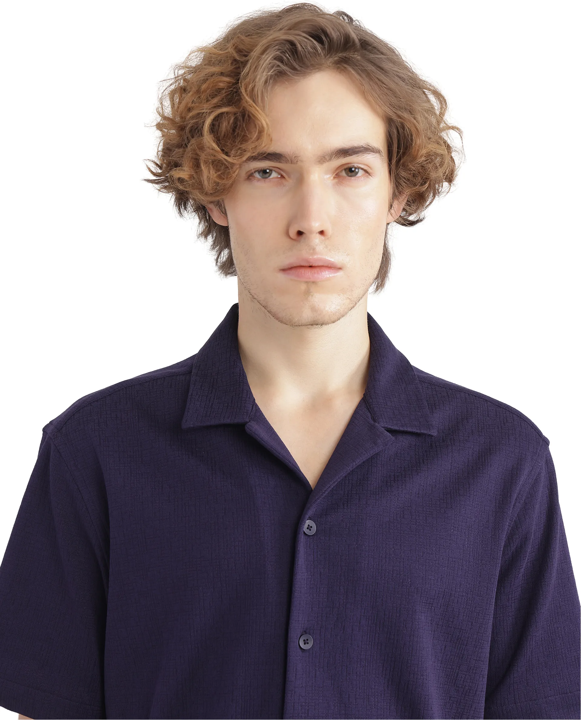 Rare Rabbit Men's Kelos-Ss Dark Purple Cotton Blend Plain Boxy Fit Half Sleeve Cuban Collar Shirt - Image 3