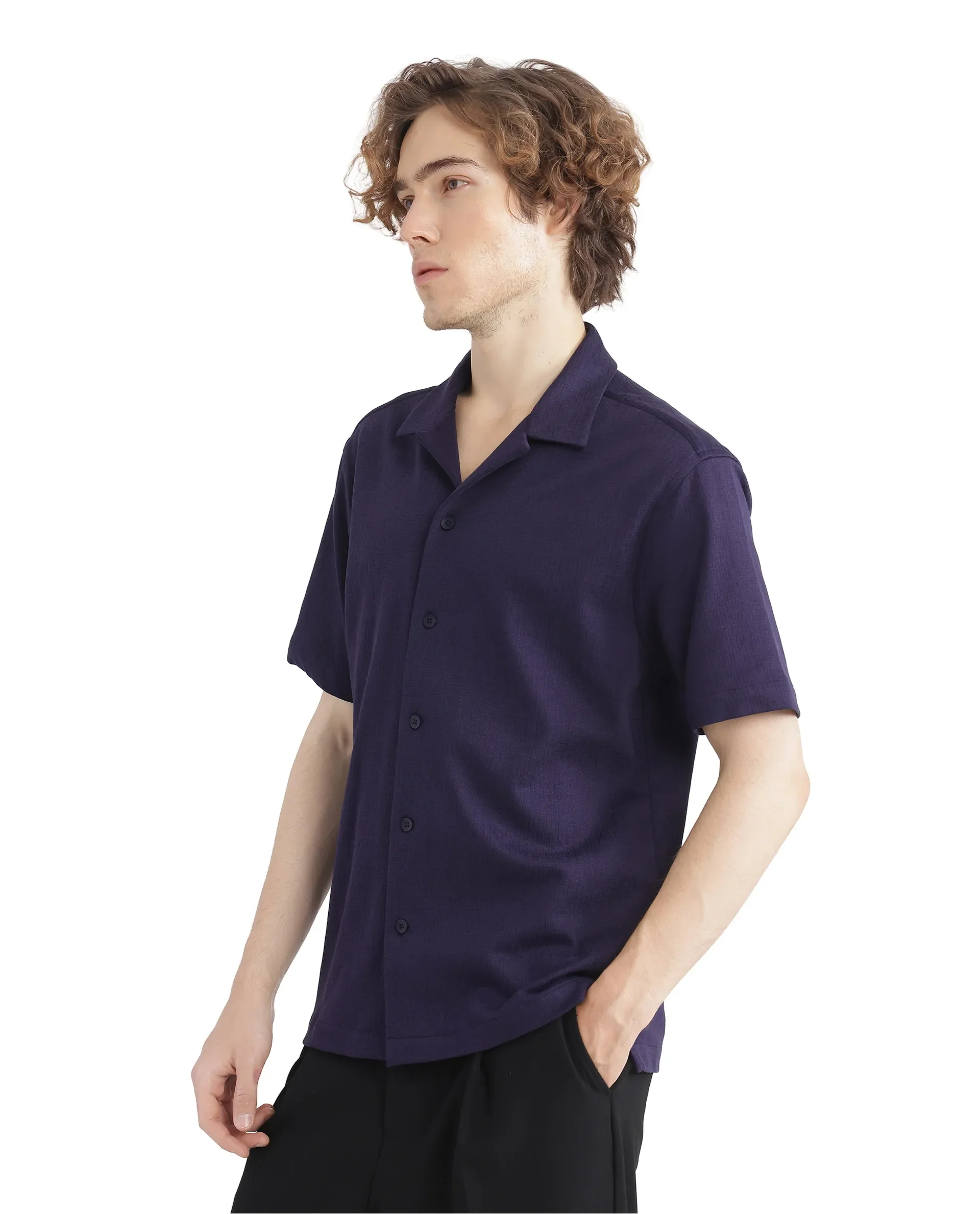 Rare Rabbit Men's Kelos-Ss Dark Purple Cotton Blend Plain Boxy Fit Half Sleeve Cuban Collar Shirt - Image 4