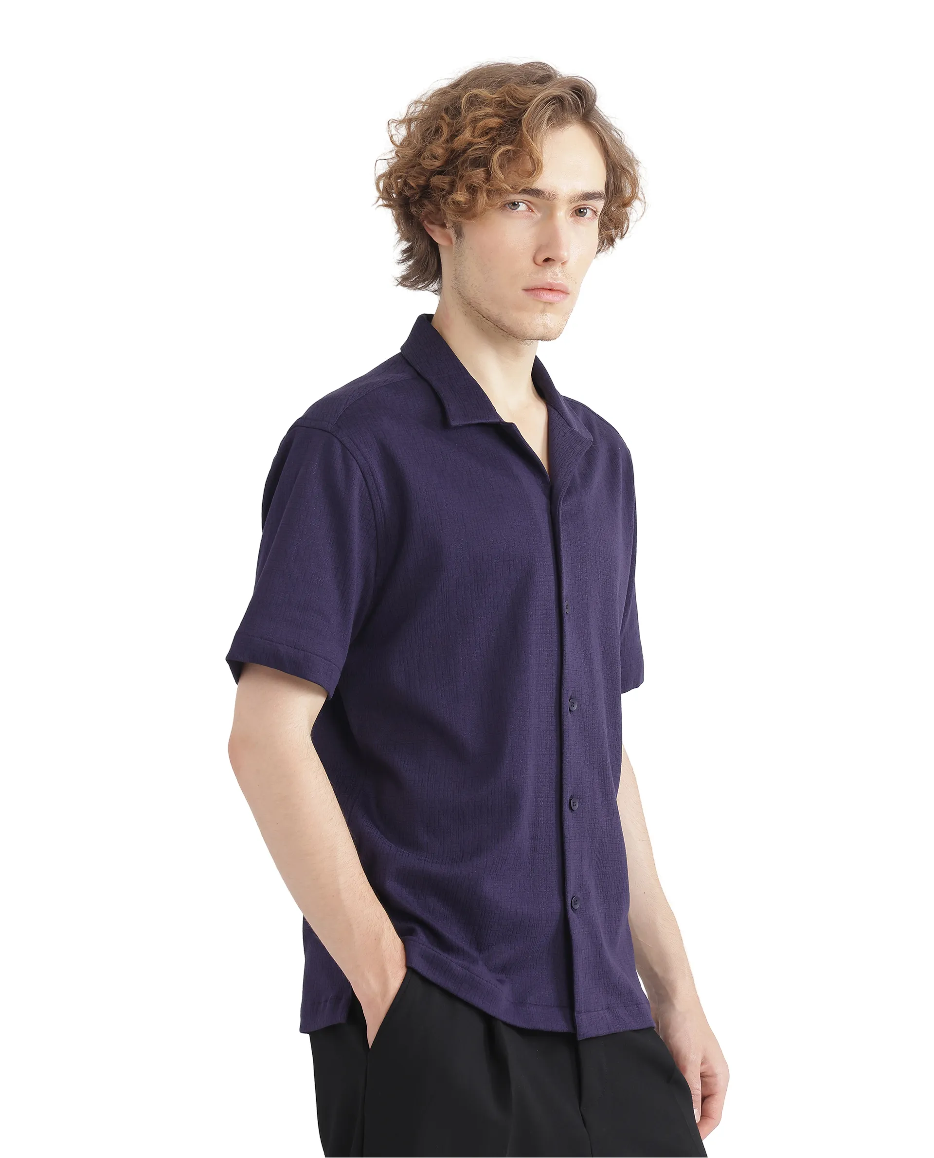 Rare Rabbit Men's Kelos-Ss Dark Purple Cotton Blend Plain Boxy Fit Half Sleeve Cuban Collar Shirt - Image 5