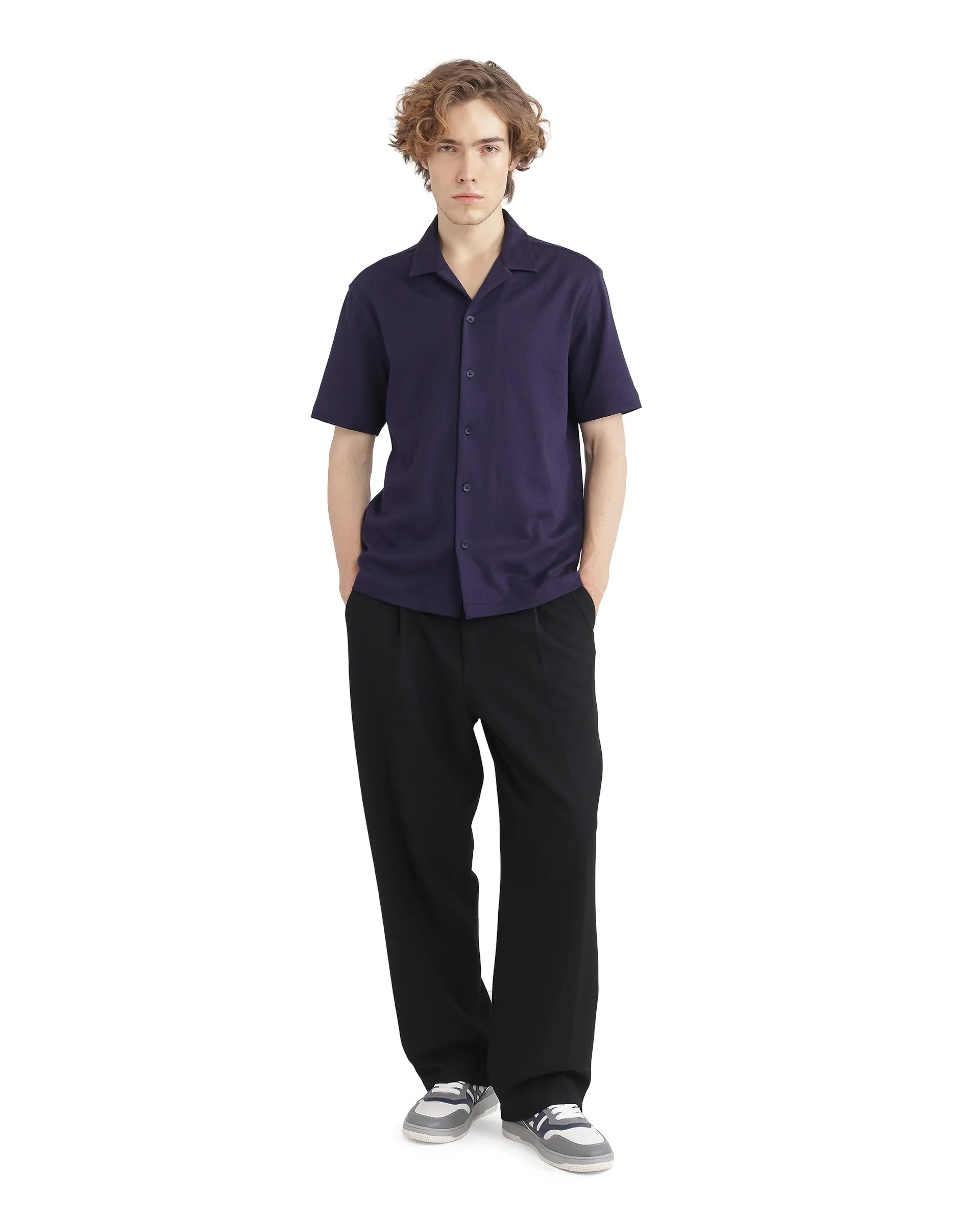 Rare Rabbit Men's Kelos-Ss Dark Purple Cotton Blend Plain Boxy Fit Half Sleeve Cuban Collar Shirt - Image 6