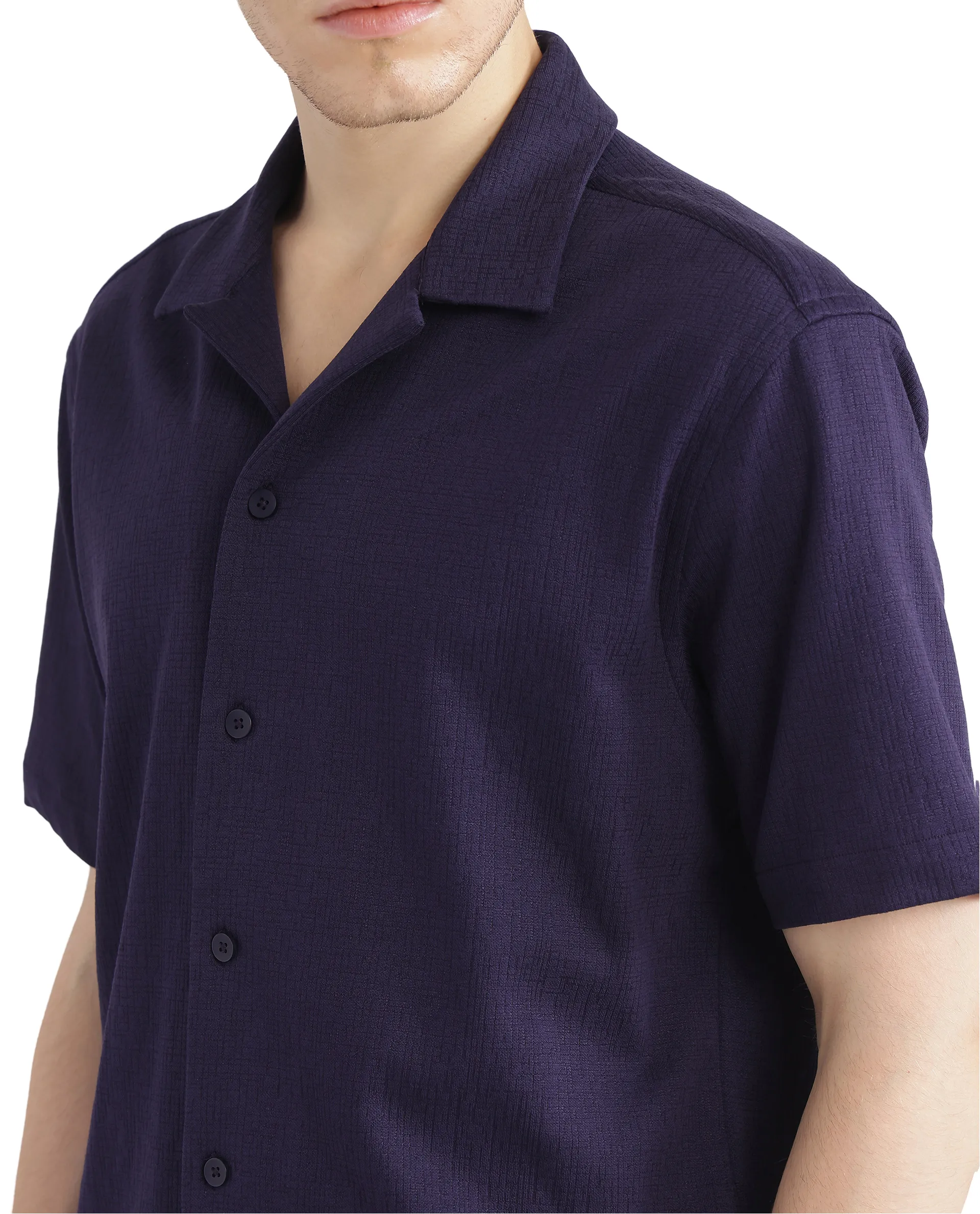 Rare Rabbit Men's Kelos-Ss Dark Purple Cotton Blend Plain Boxy Fit Half Sleeve Cuban Collar Shirt - Image 7