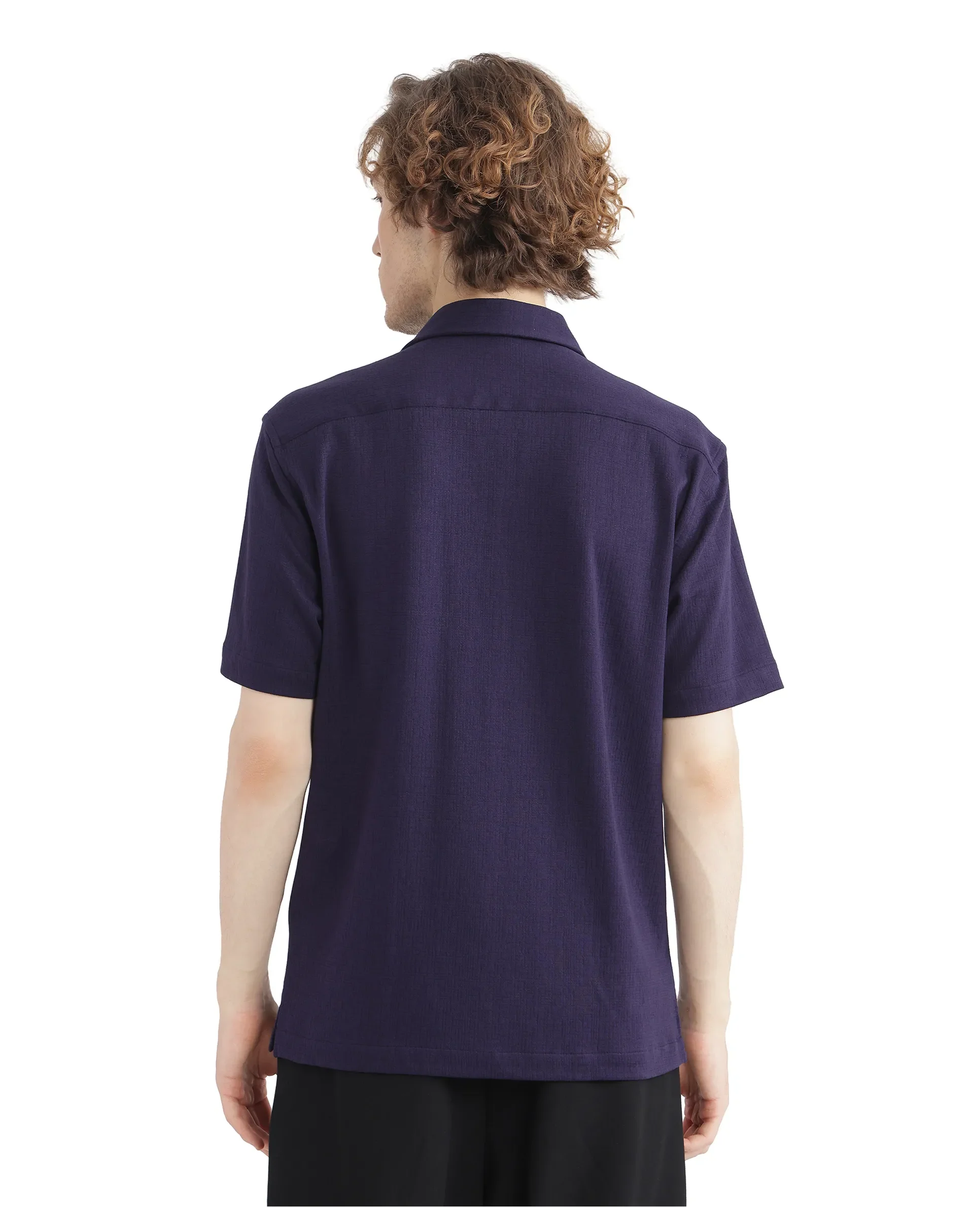 Rare Rabbit Men's Kelos-Ss Dark Purple Cotton Blend Plain Boxy Fit Half Sleeve Cuban Collar Shirt - Image 8