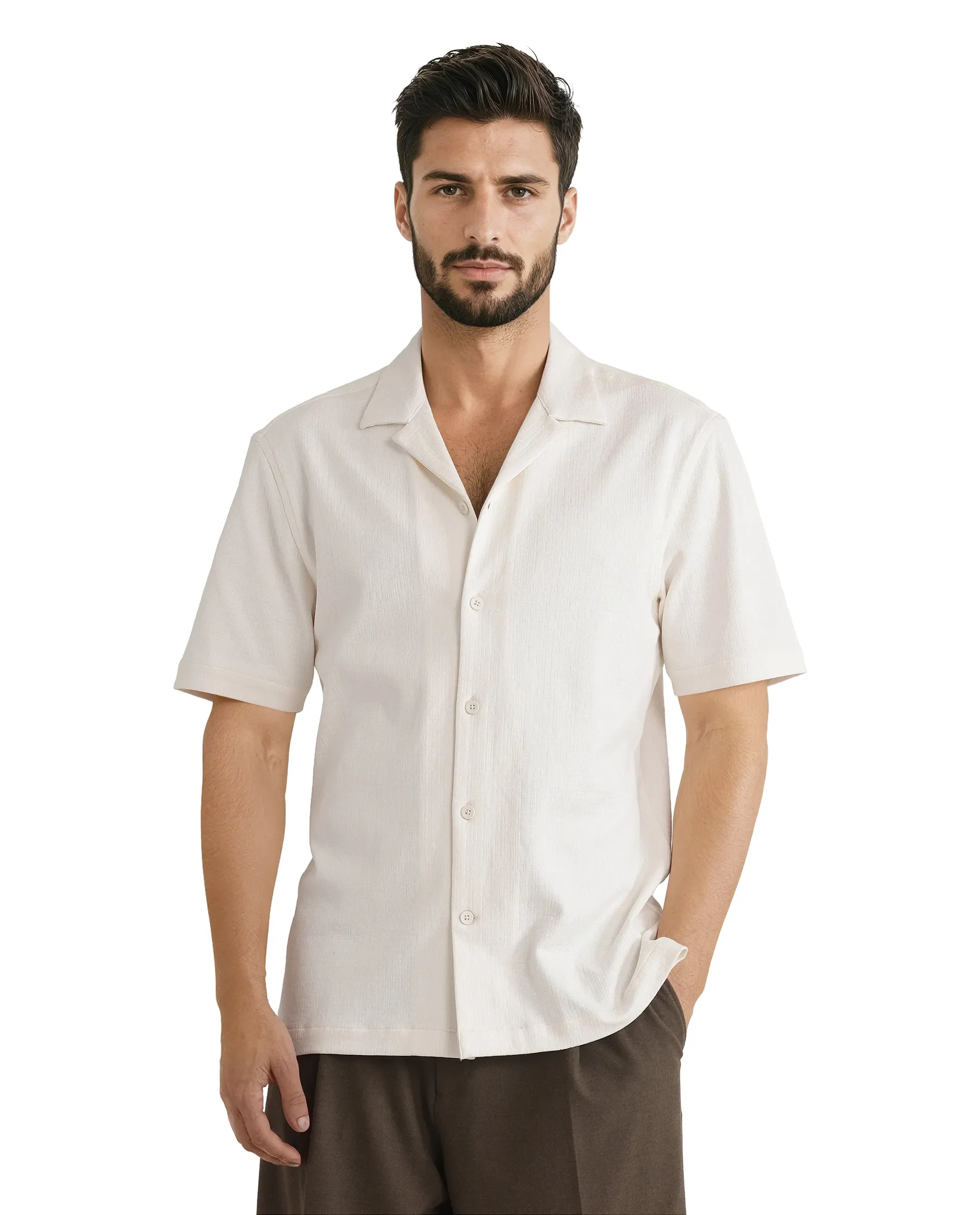 Rare Rabbit Men's Kelos Ss Off White Cotton Blend Plain Boxy Fit Half Sleeve Cuban Collar Shirt