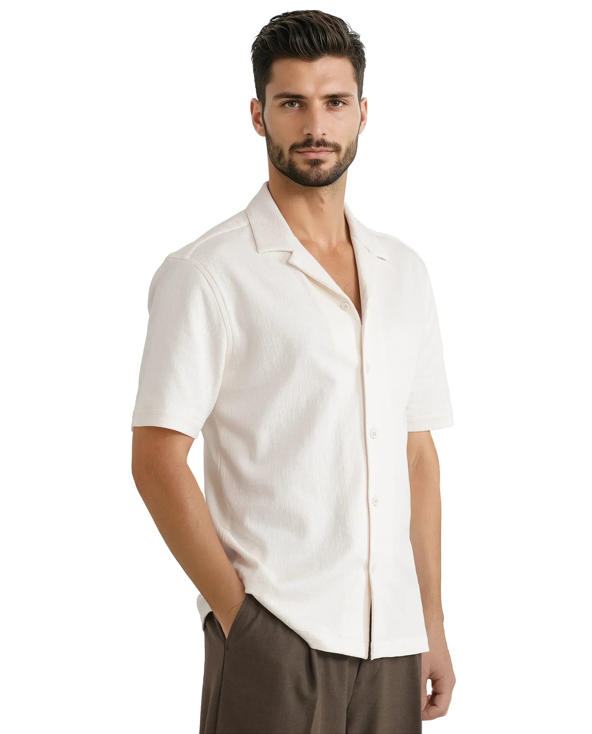 Rare Rabbit Men's Kelos Ss Off White Cotton Blend Plain Boxy Fit Half Sleeve Cuban Collar Shirt - Image 3