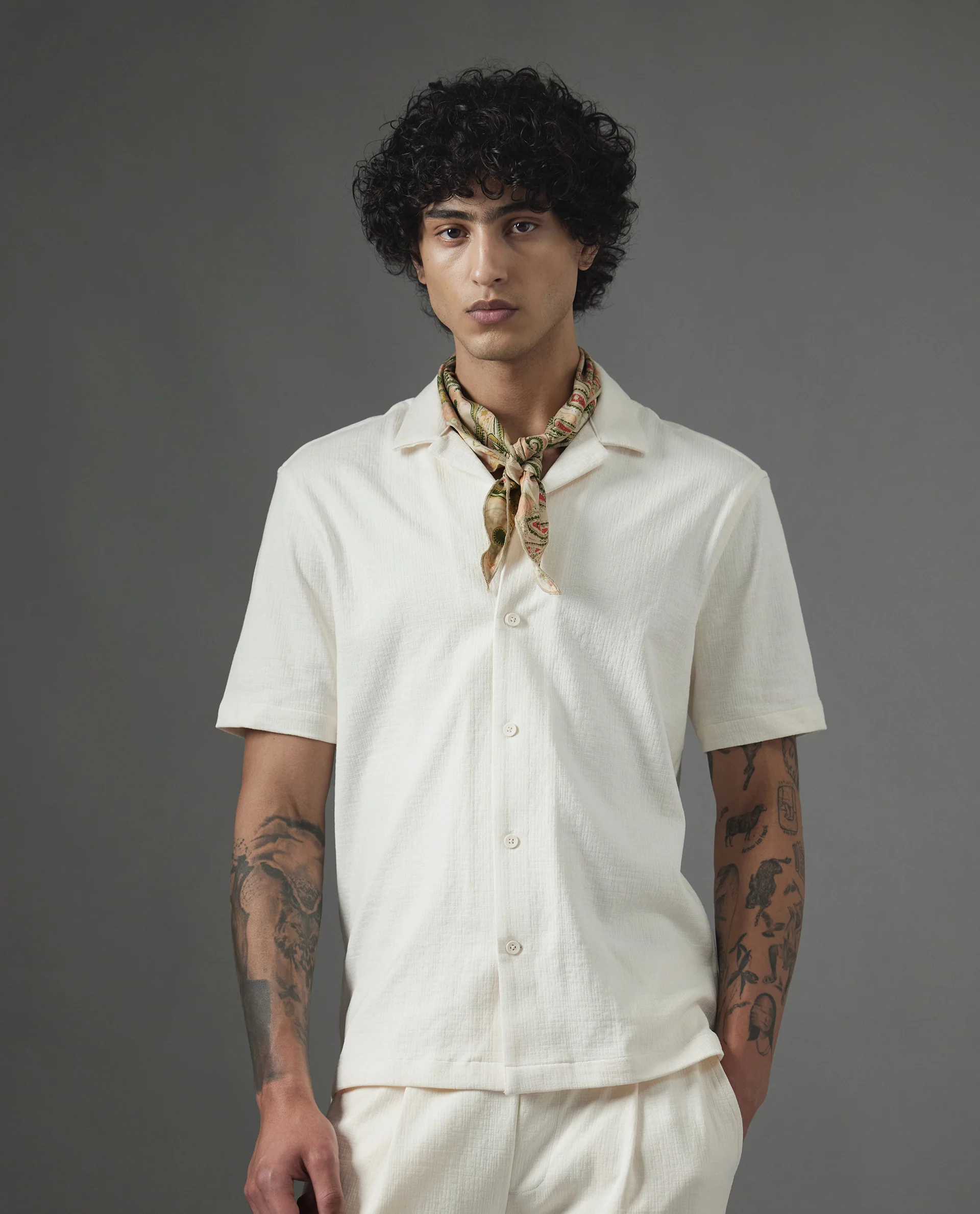 Rare Rabbit Men's Kelos Ss Off White Cotton Blend Plain Boxy Fit Half Sleeve Cuban Collar Shirt - Image 5