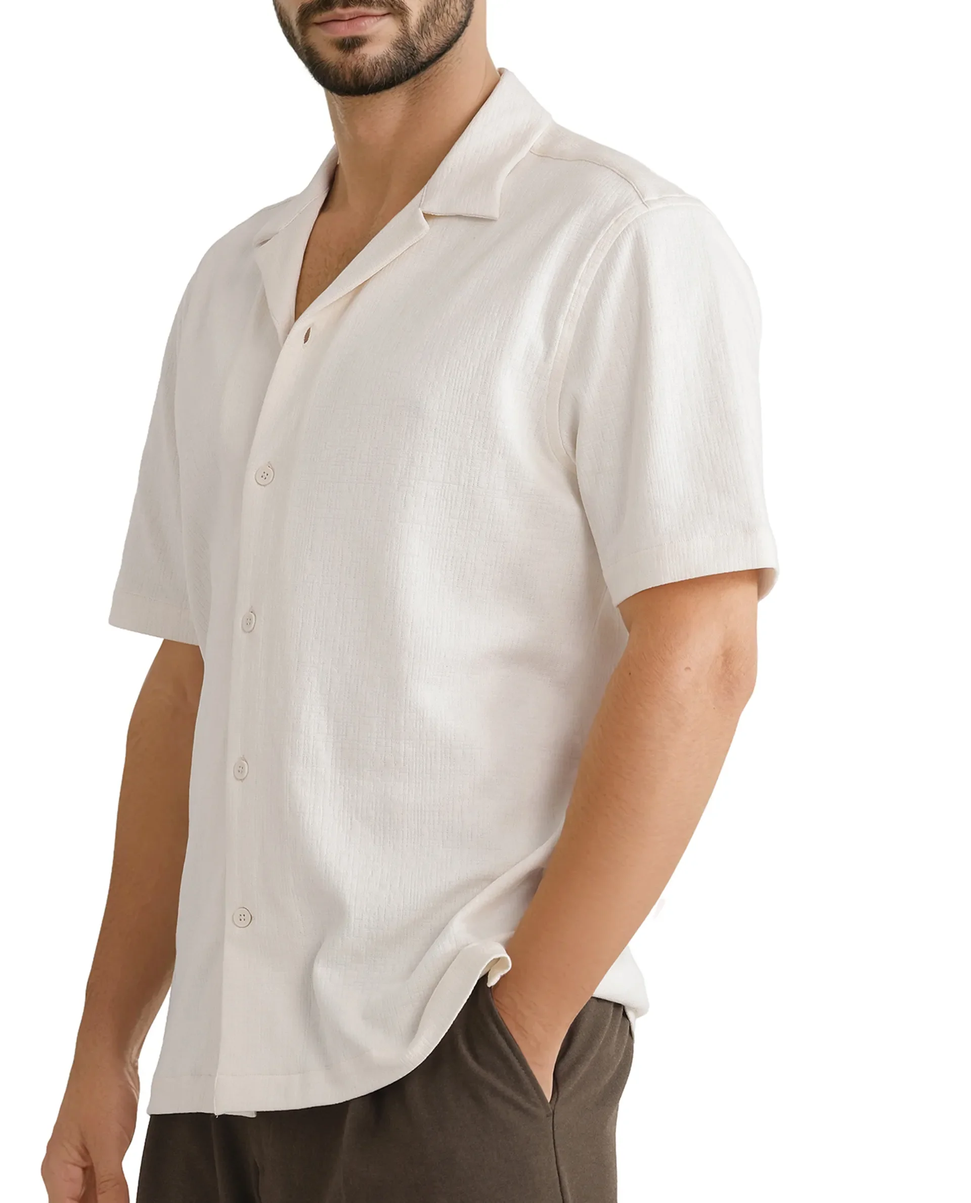 Rare Rabbit Men's Kelos Ss Off White Cotton Blend Plain Boxy Fit Half Sleeve Cuban Collar Shirt - Image 7