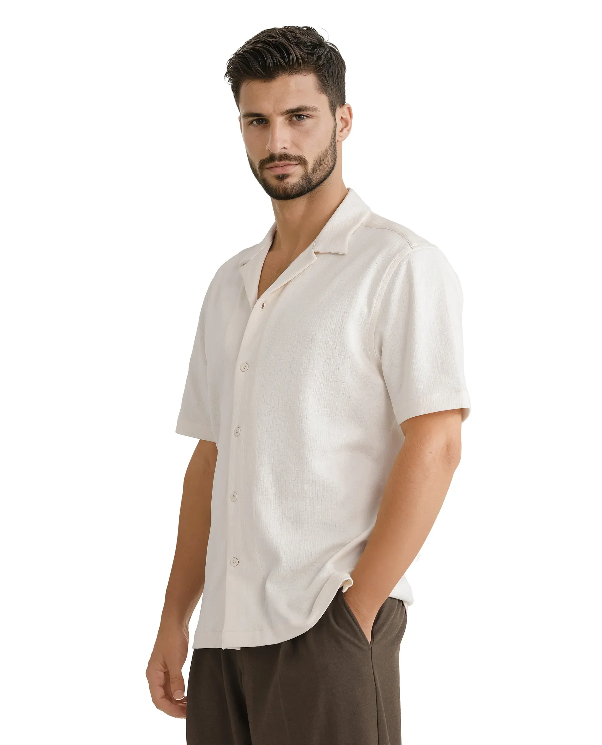 Rare Rabbit Men's Kelos Ss Off White Cotton Blend Plain Boxy Fit Half Sleeve Cuban Collar Shirt - Image 8