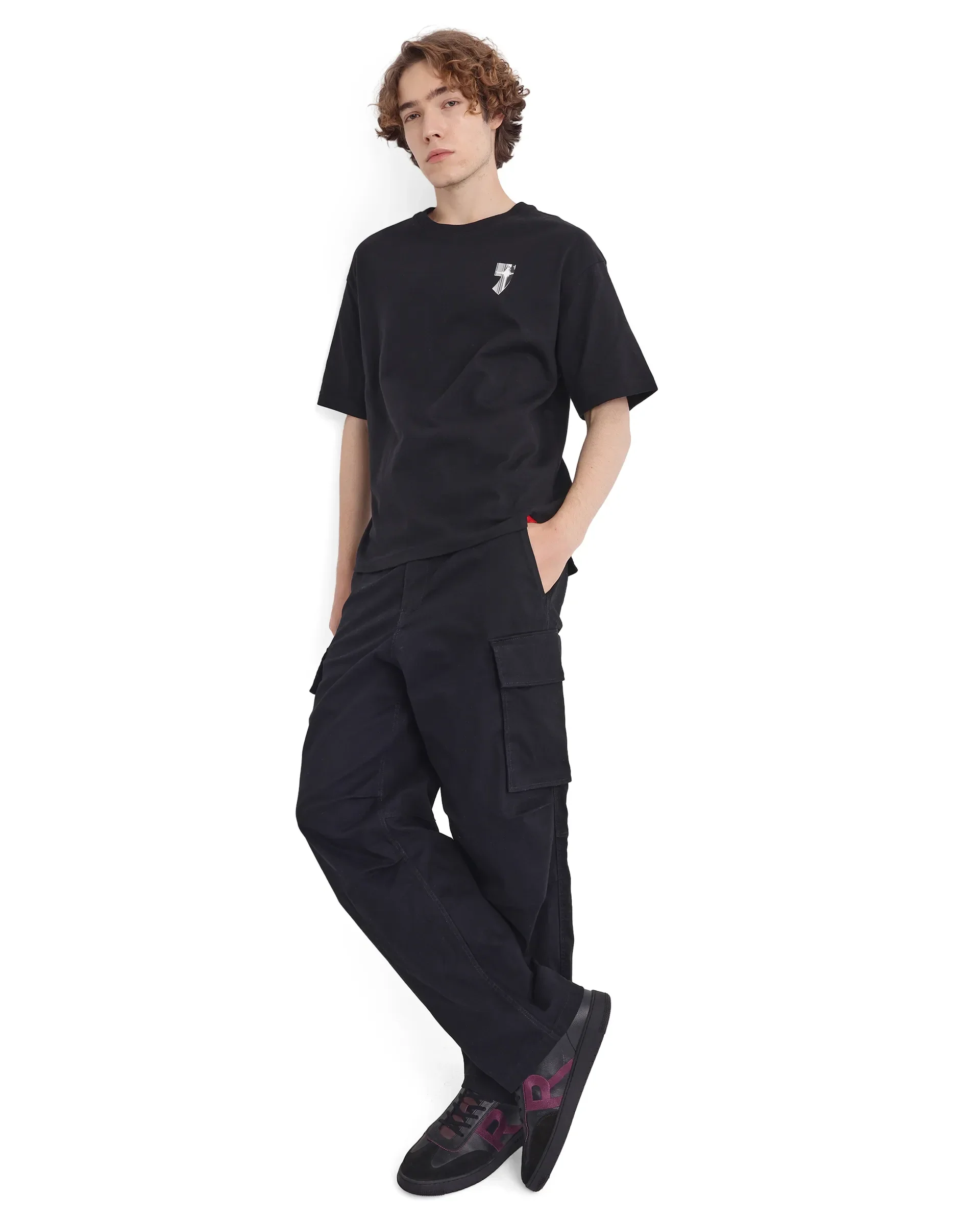 Rare Rabbit Men's Keltz Black Cotton Typography Print Oversized Fit Half Sleeve Crew Neck T-Shirt - Image 2