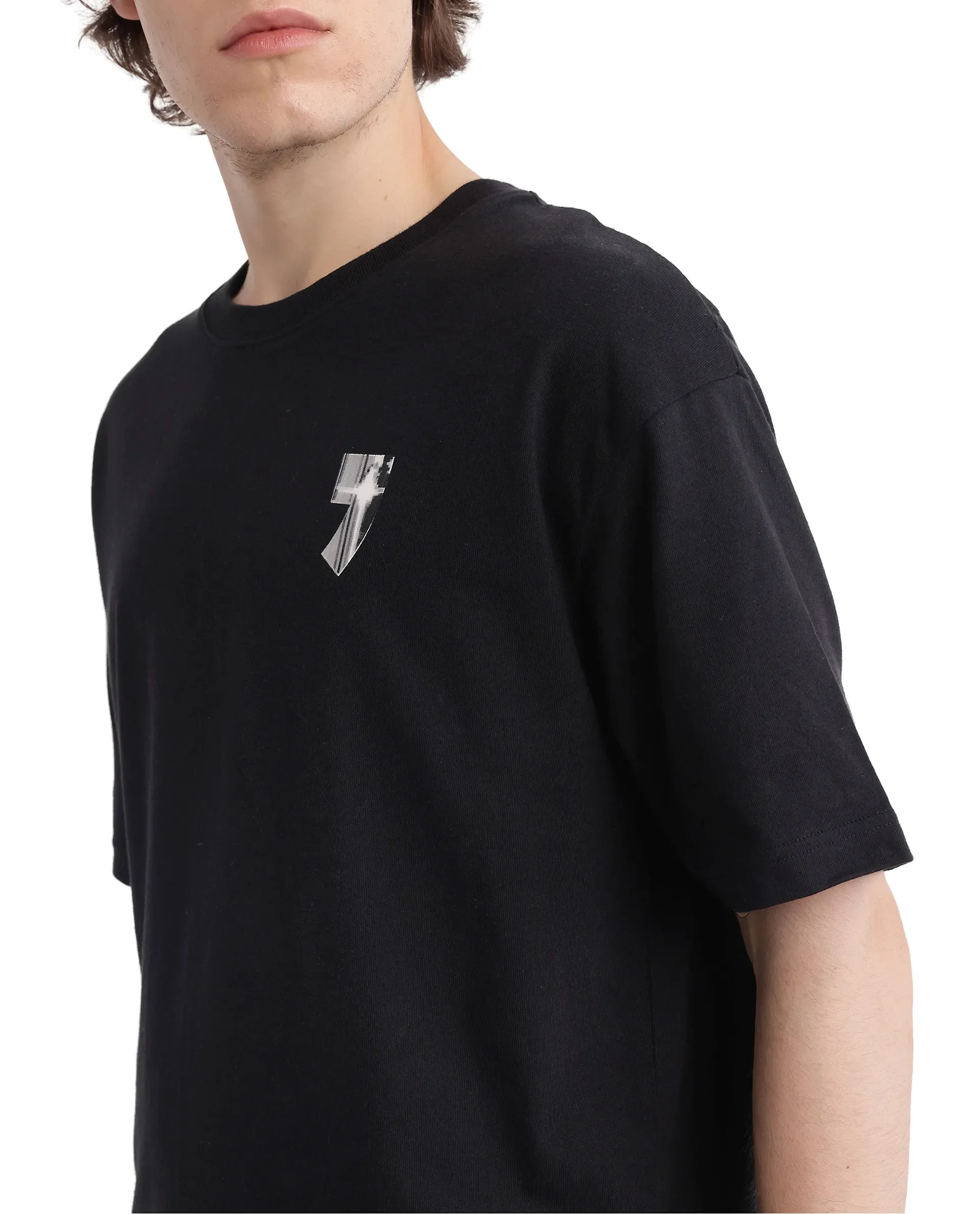 Rare Rabbit Men's Keltz Black Cotton Typography Print Oversized Fit Half Sleeve Crew Neck T-Shirt - Image 4