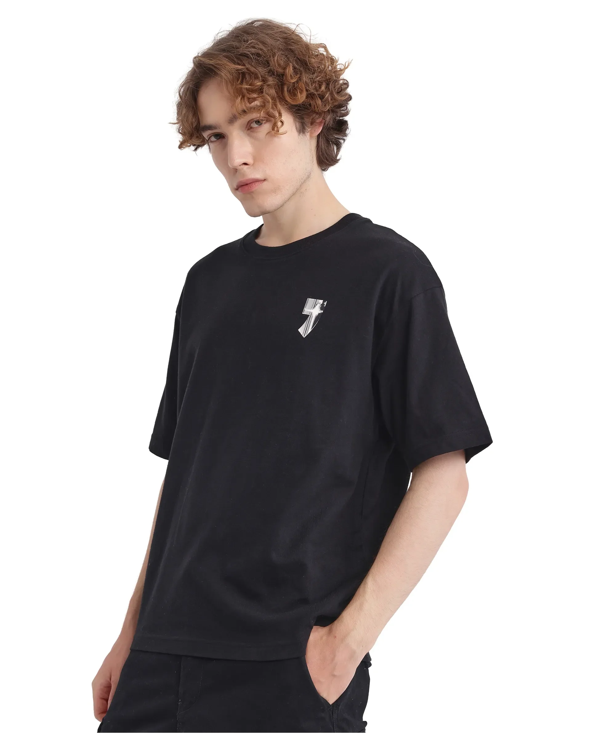 Rare Rabbit Men's Keltz Black Cotton Typography Print Oversized Fit Half Sleeve Crew Neck T-Shirt - Image 5