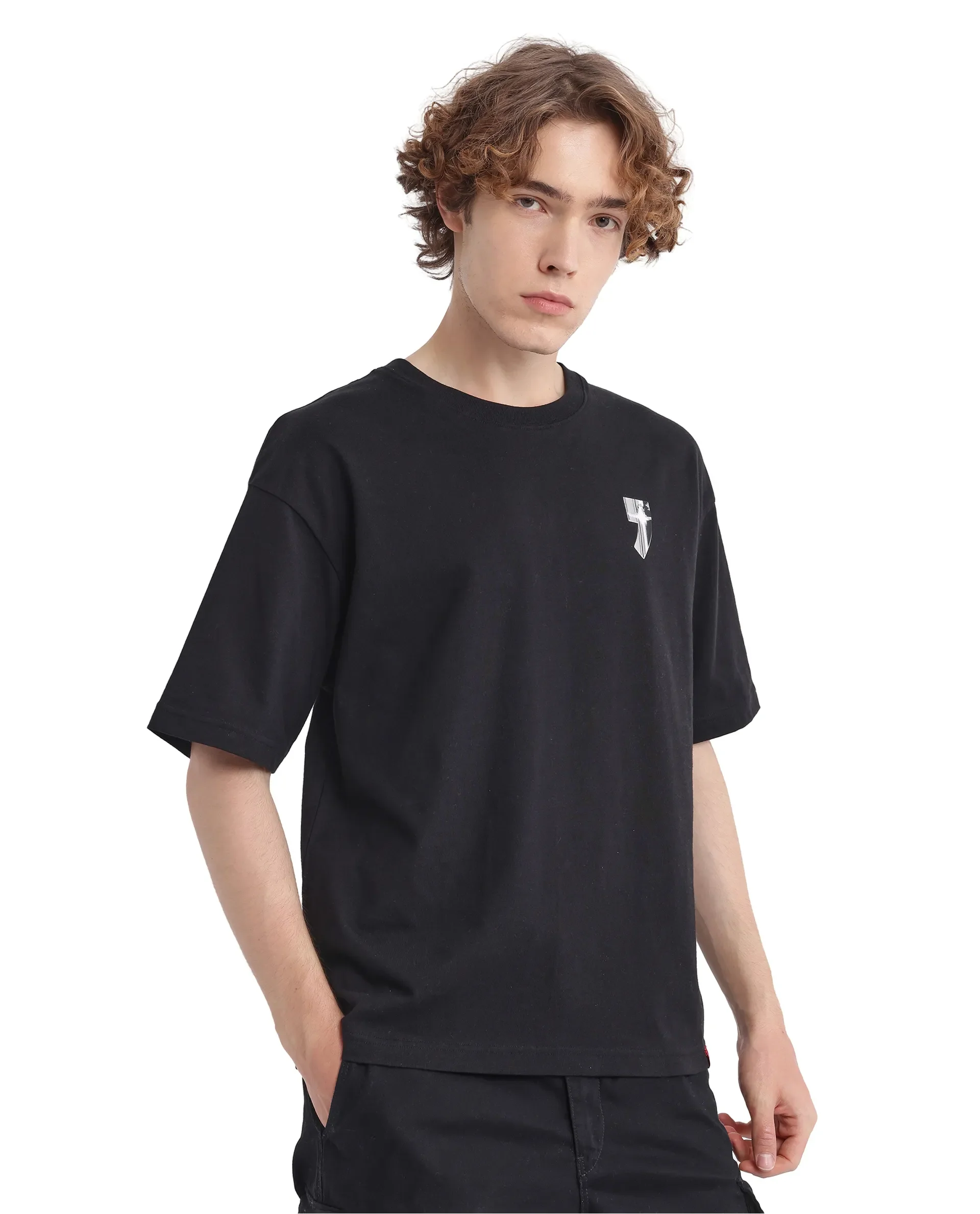 Rare Rabbit Men's Keltz Black Cotton Typography Print Oversized Fit Half Sleeve Crew Neck T-Shirt - Image 6