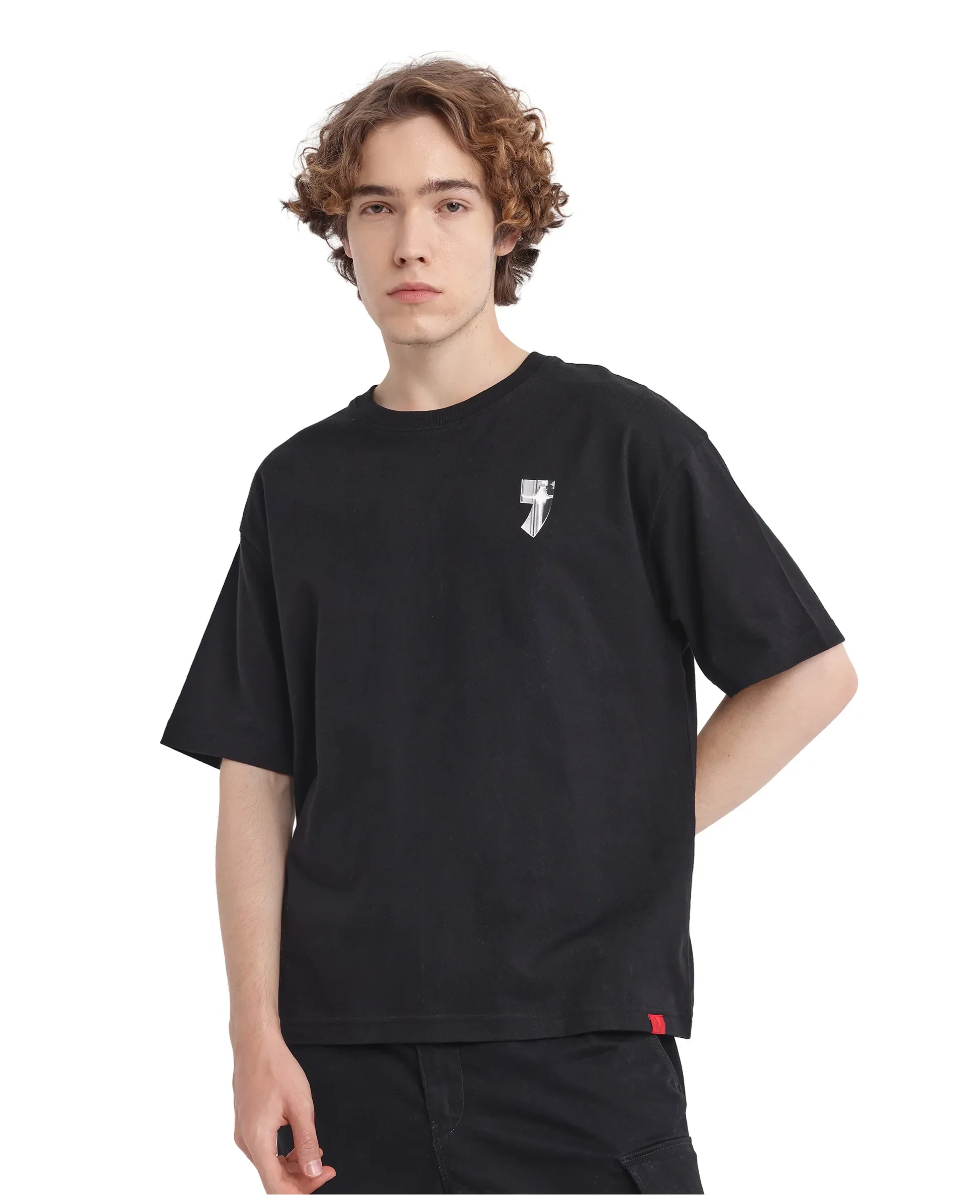 Rare Rabbit Men's Keltz Black Cotton Typography Print Oversized Fit Half Sleeve Crew Neck T-Shirt - Image 7
