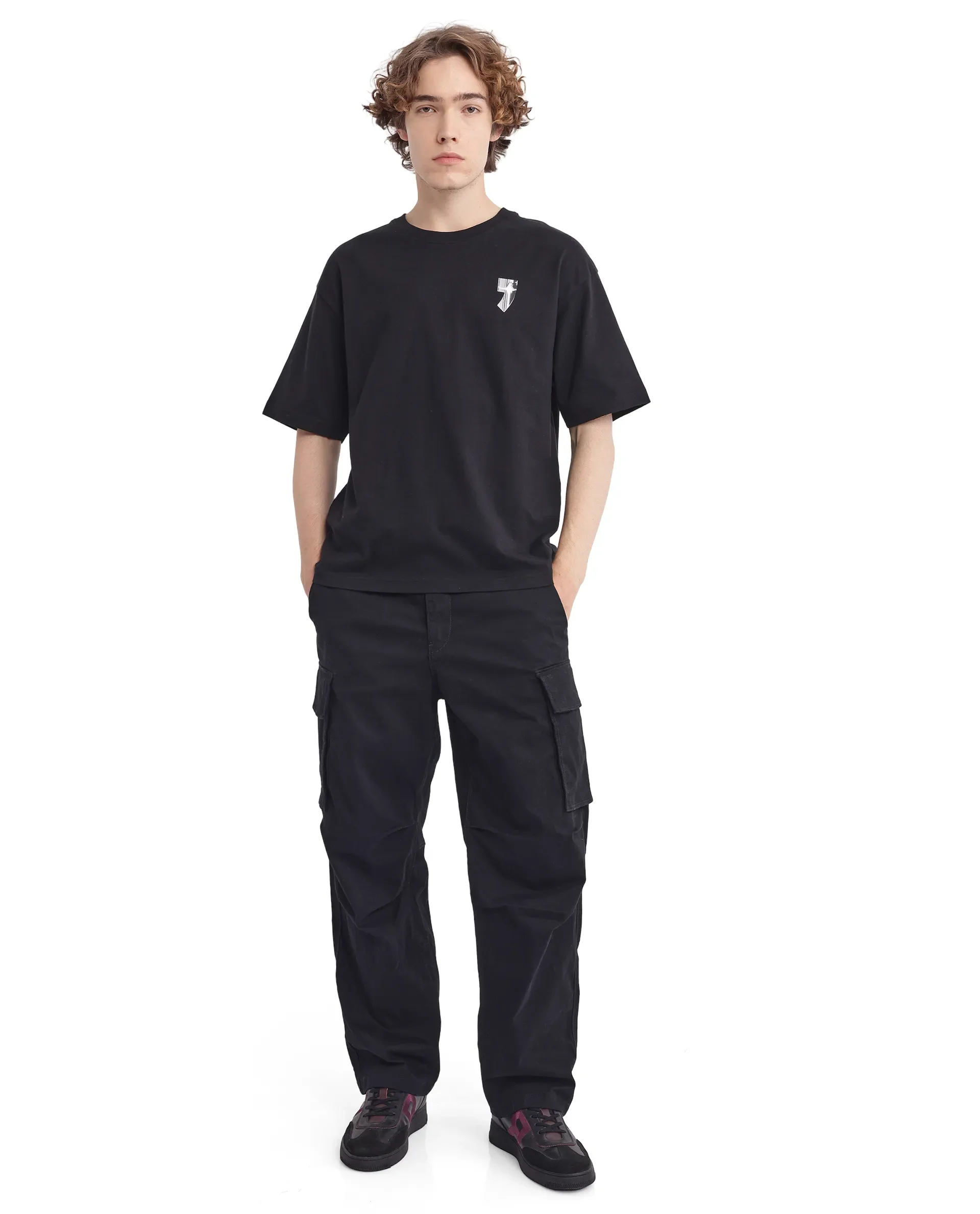 Rare Rabbit Men's Keltz Black Cotton Typography Print Oversized Fit Half Sleeve Crew Neck T-Shirt - Image 8