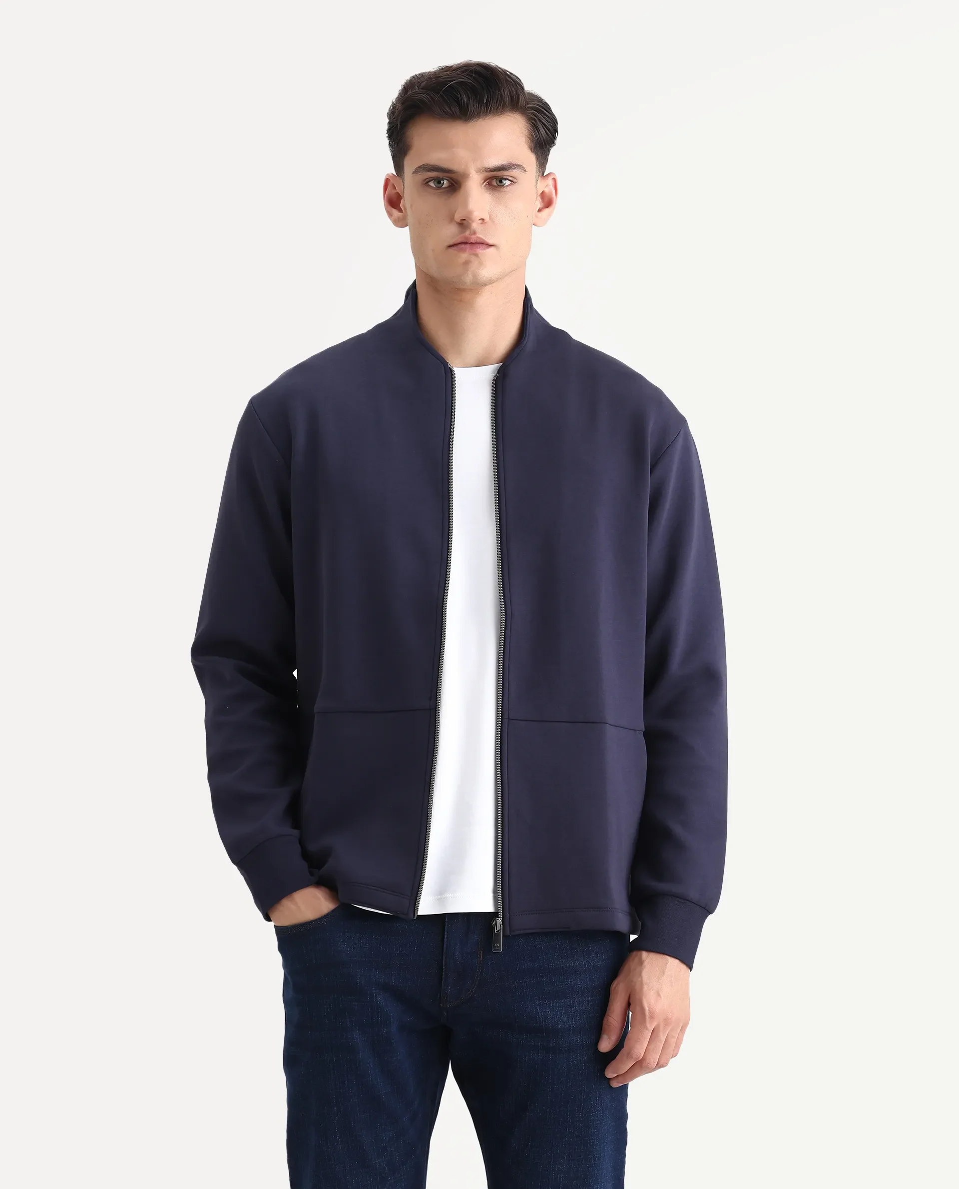 Rare Rabbit Men's Kemo Dark Navy Cotton Blend Plain Regular Fit Full Sleeve High Neck Sweatshirt