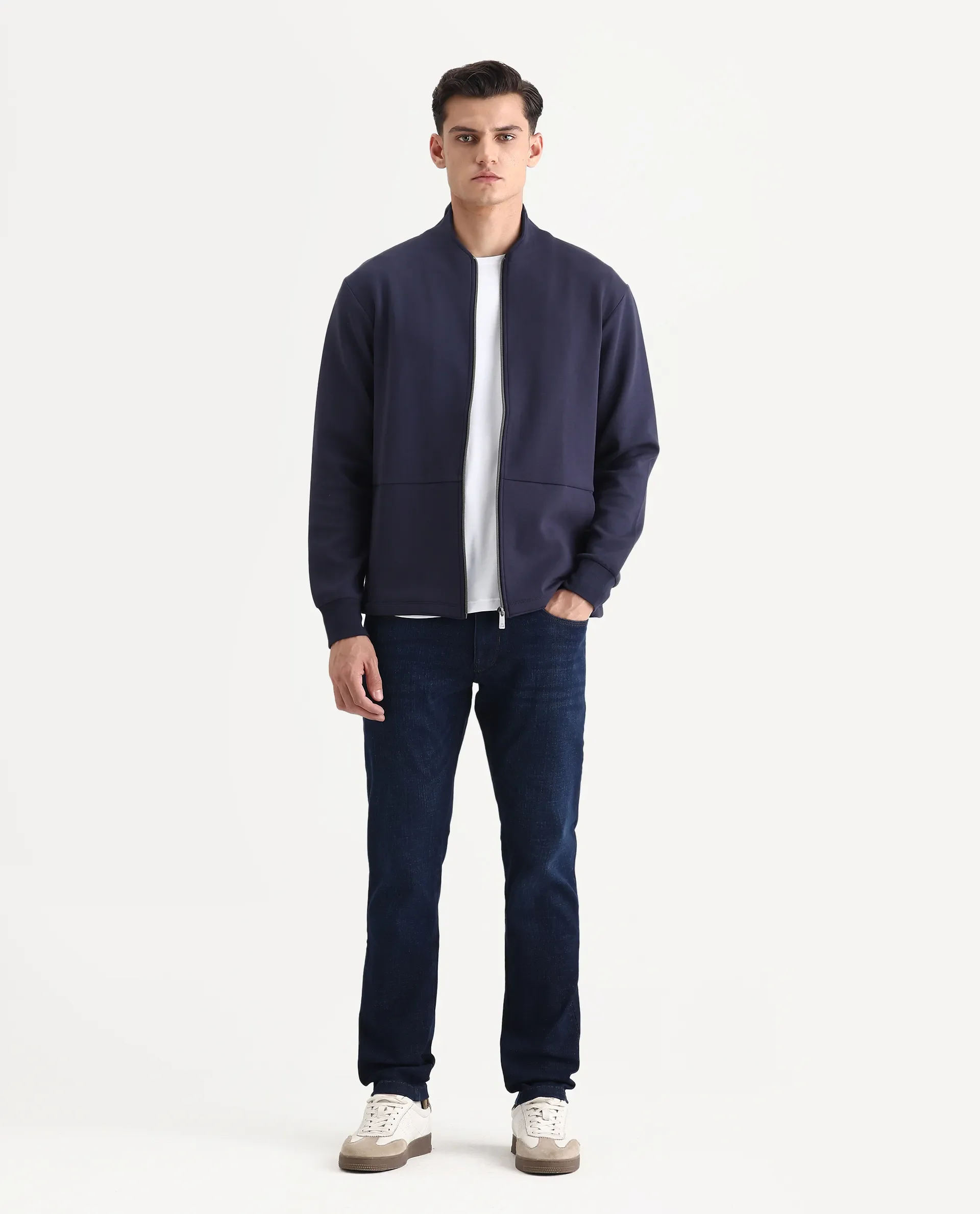 Rare Rabbit Men's Kemo Dark Navy Cotton Blend Plain Regular Fit Full Sleeve High Neck Sweatshirt - Image 2