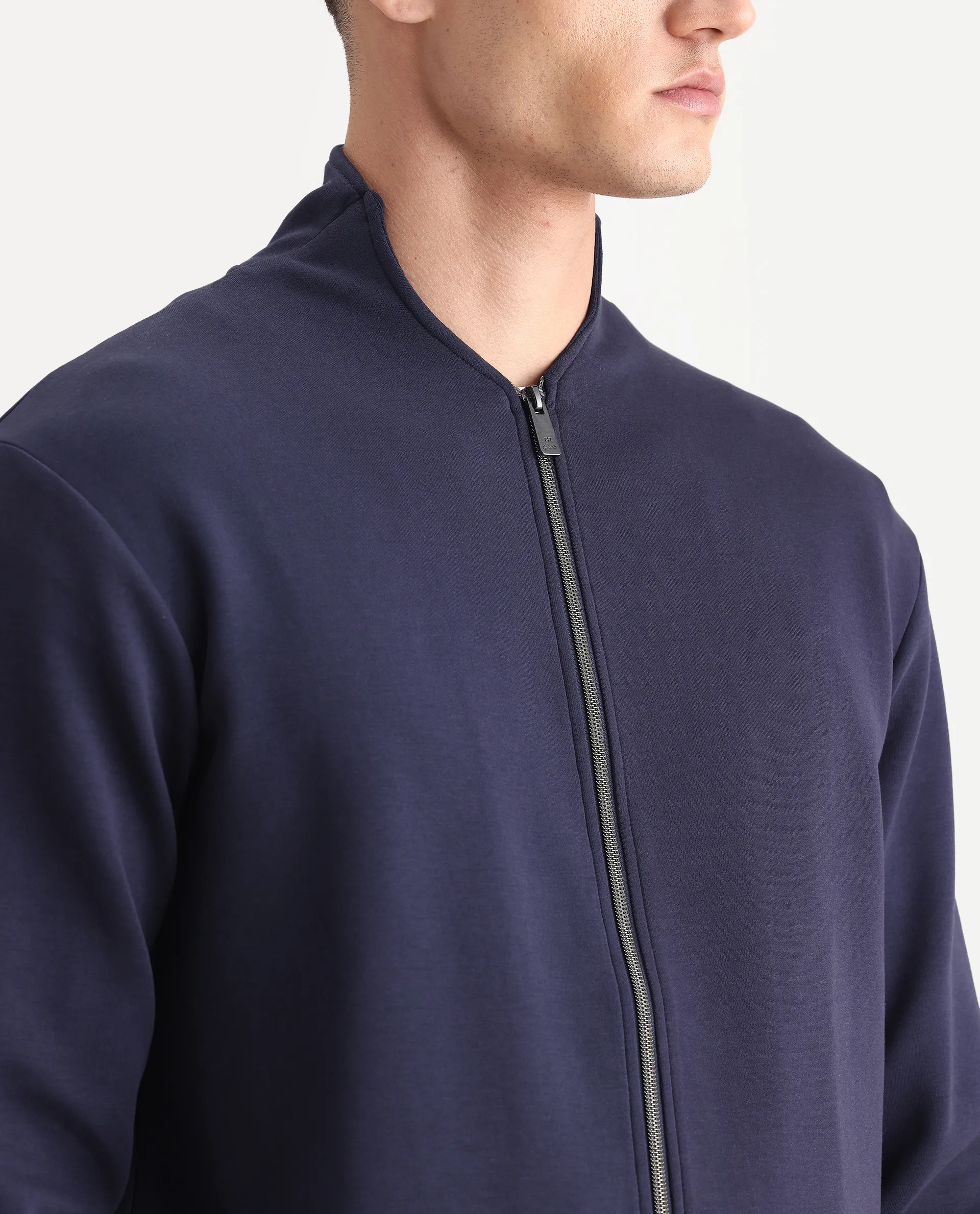 Rare Rabbit Men's Kemo Dark Navy Cotton Blend Plain Regular Fit Full Sleeve High Neck Sweatshirt - Image 3