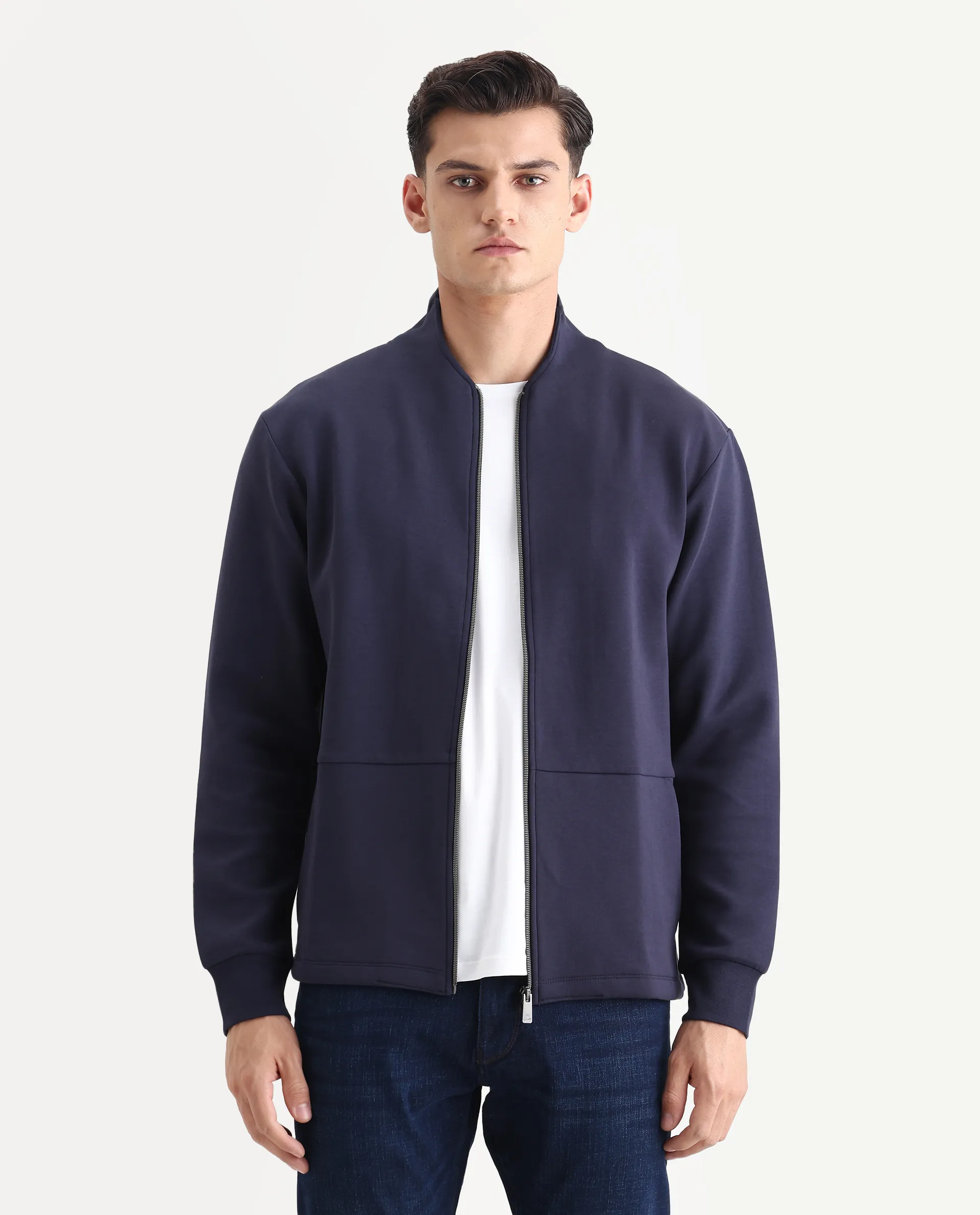 Rare Rabbit Men's Kemo Dark Navy Cotton Blend Plain Regular Fit Full Sleeve High Neck Sweatshirt - Image 4