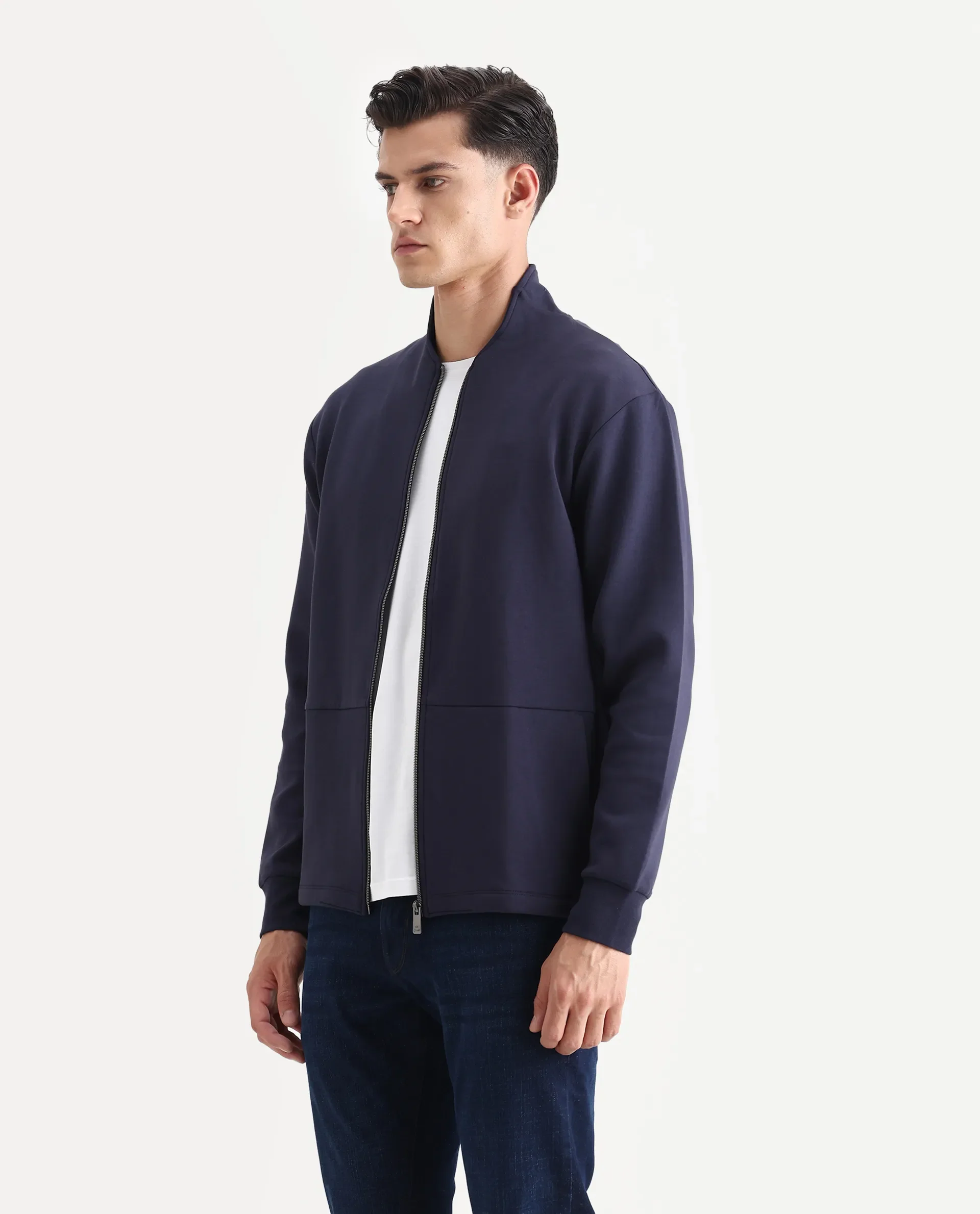 Rare Rabbit Men's Kemo Dark Navy Cotton Blend Plain Regular Fit Full Sleeve High Neck Sweatshirt - Image 5