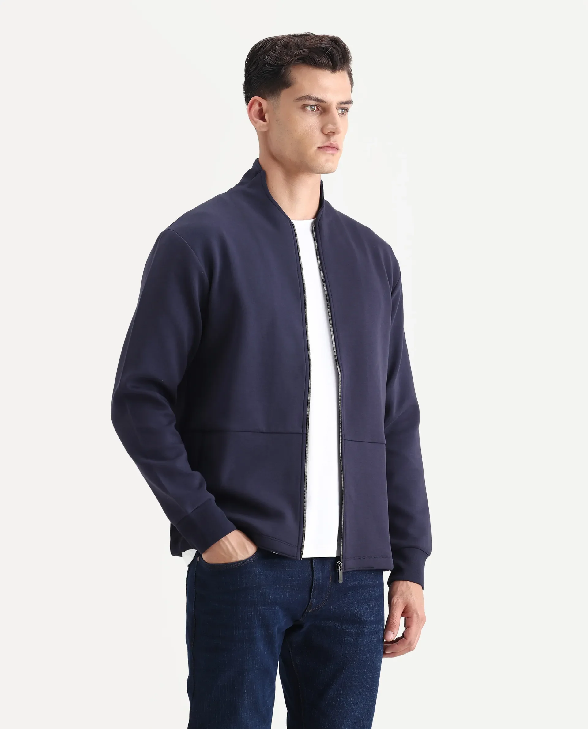 Rare Rabbit Men's Kemo Dark Navy Cotton Blend Plain Regular Fit Full Sleeve High Neck Sweatshirt - Image 6