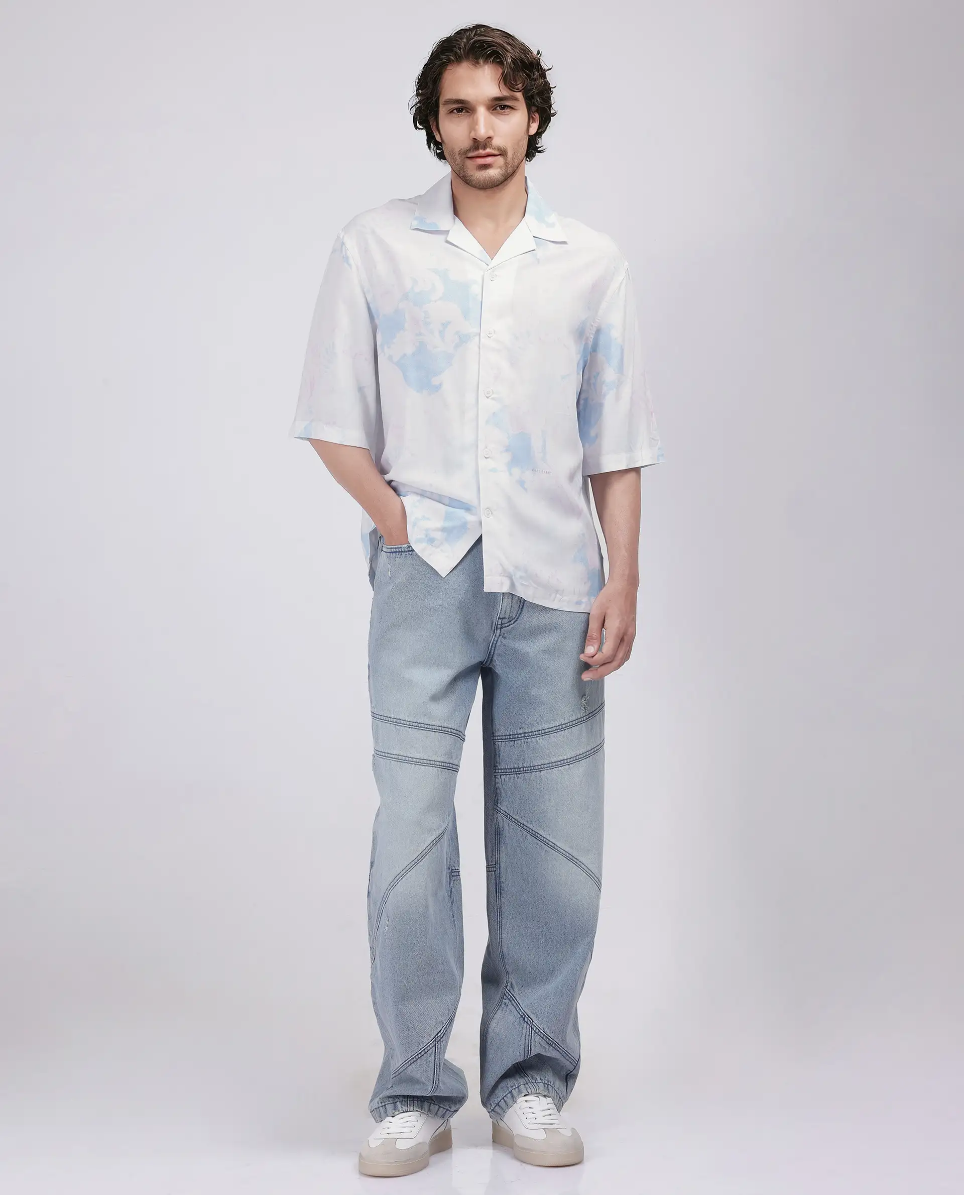 Rare Rabbit Men's Ken White Viscose Abstract Print Boxy Fit Half Sleeve Cuban Collar Shirt - Image 2