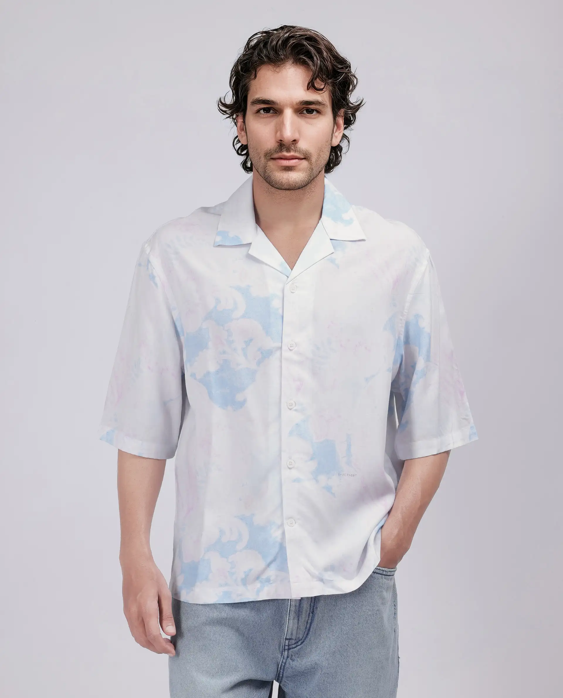 Rare Rabbit Men's Ken White Viscose Abstract Print Boxy Fit Half Sleeve Cuban Collar Shirt - Image 3