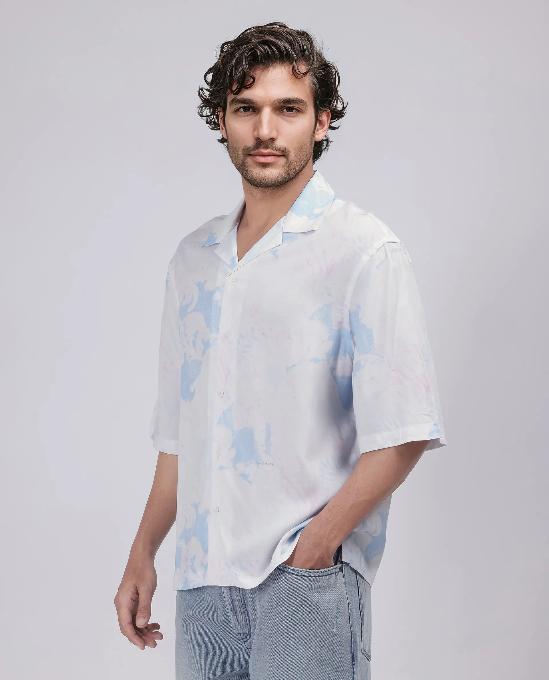 Rare Rabbit Men's Ken White Viscose Abstract Print Boxy Fit Half Sleeve Cuban Collar Shirt - Image 5