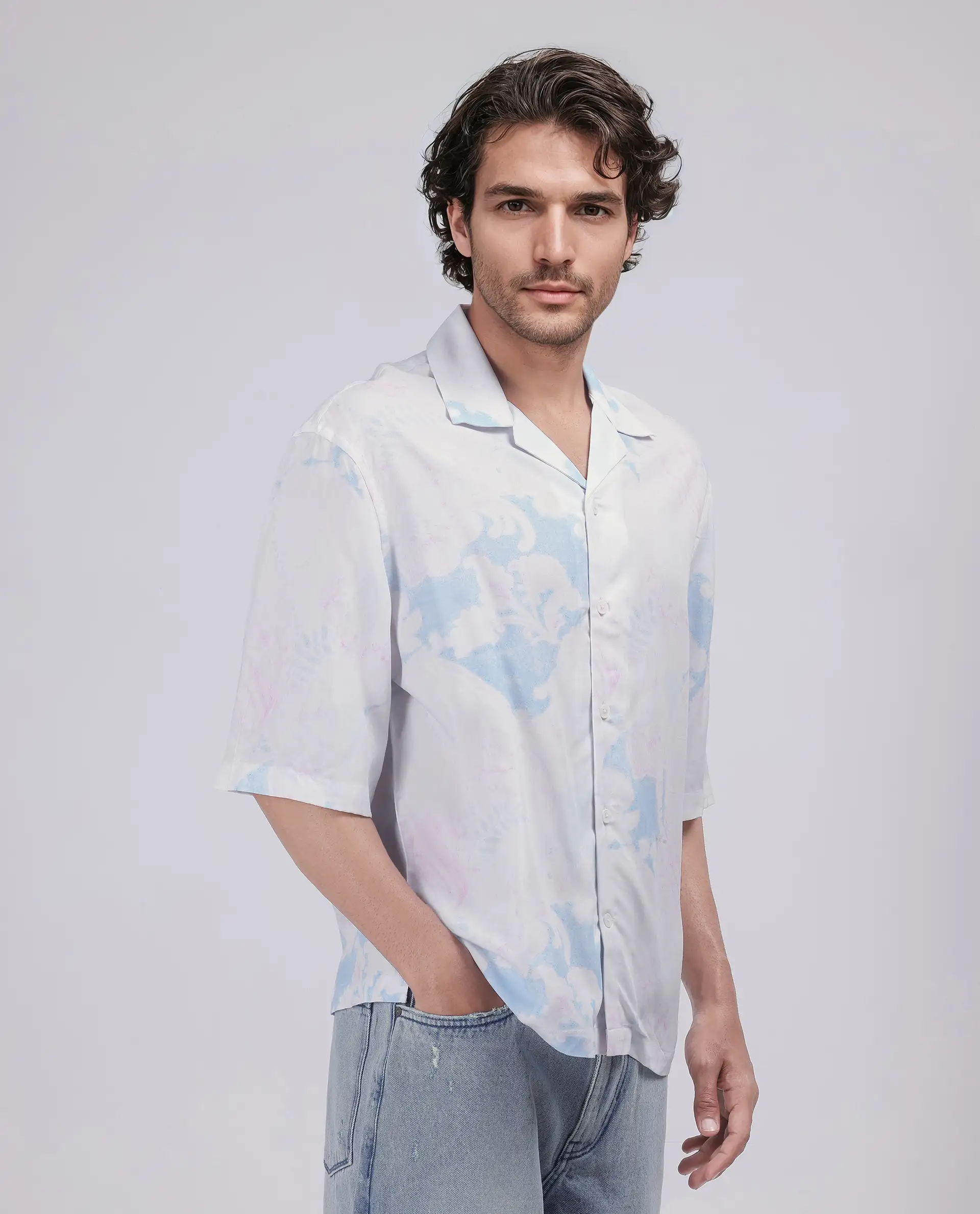 Rare Rabbit Men's Ken White Viscose Abstract Print Boxy Fit Half Sleeve Cuban Collar Shirt - Image 6