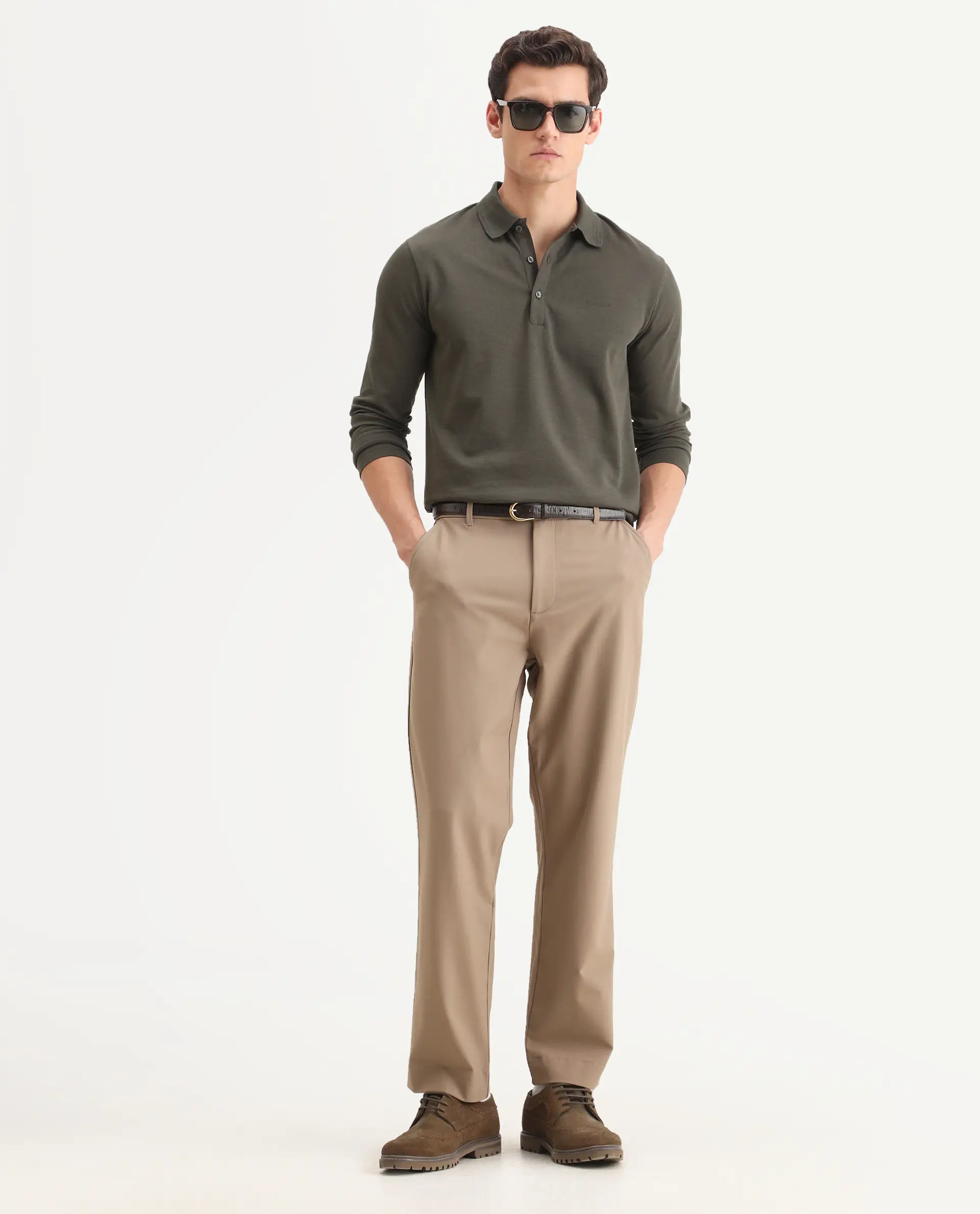 Rare Rabbit Men Kenal Beige Polyester Blend Fabric Button Closure Plain Trouser