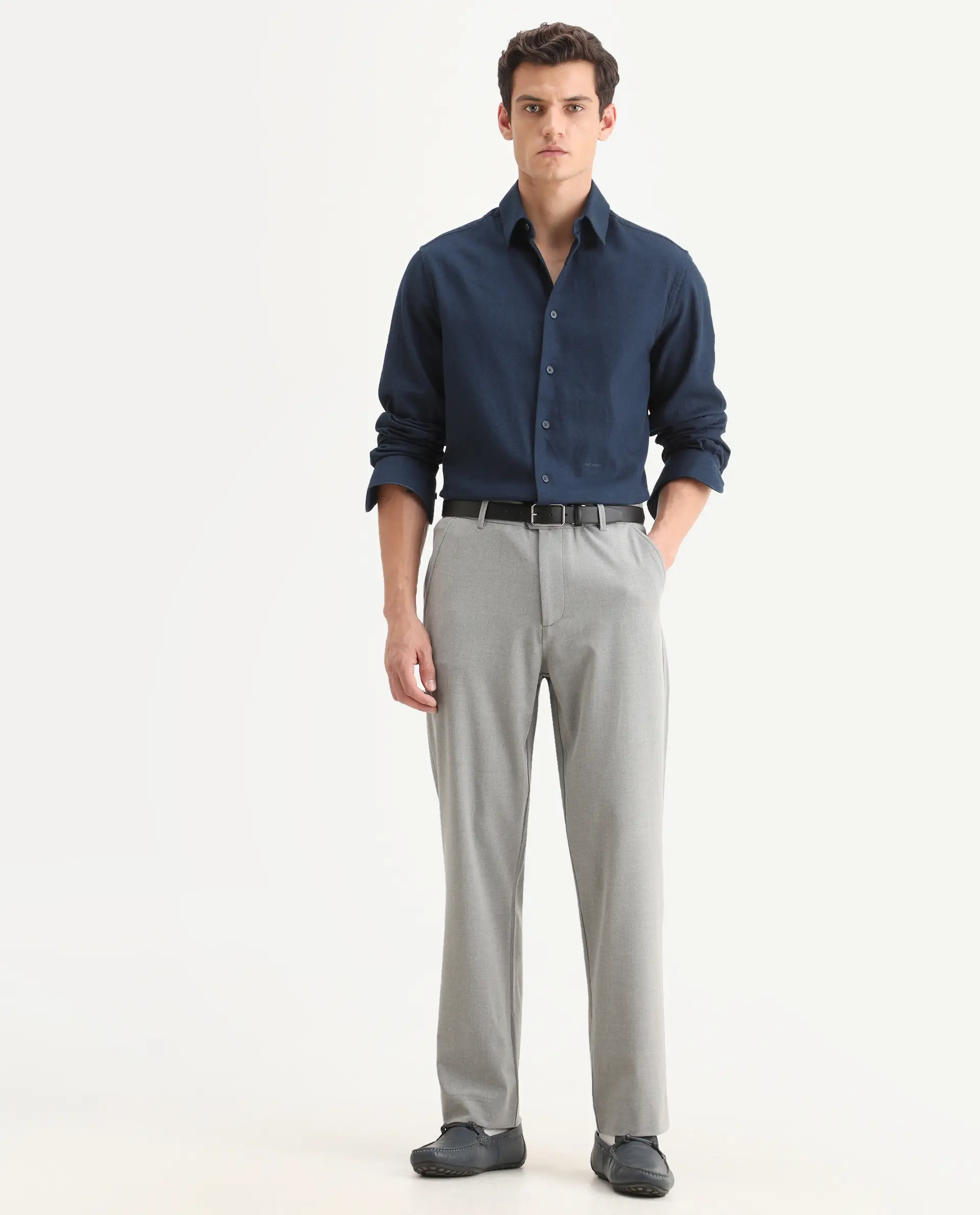 Rare Rabbit Men Kenal Dark Grey Polyester Blend Fabric Button Closure Plain Trouser