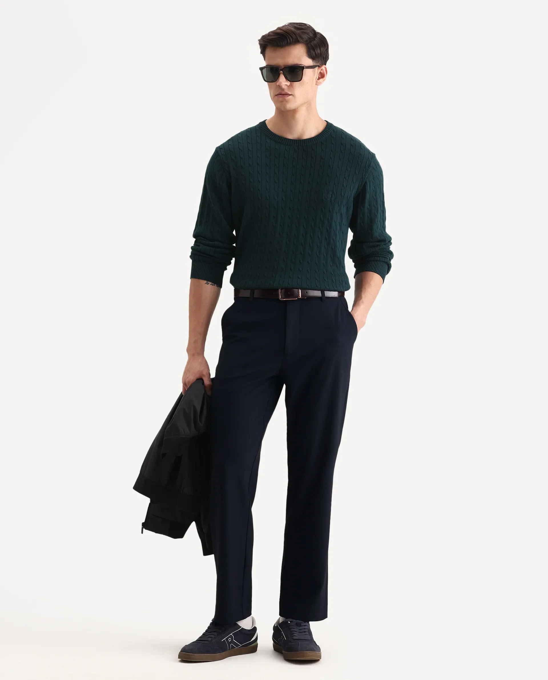 Rare Rabbit Men Kenal Navy Polyester Blend Fabric Button Closure Plain Trouser