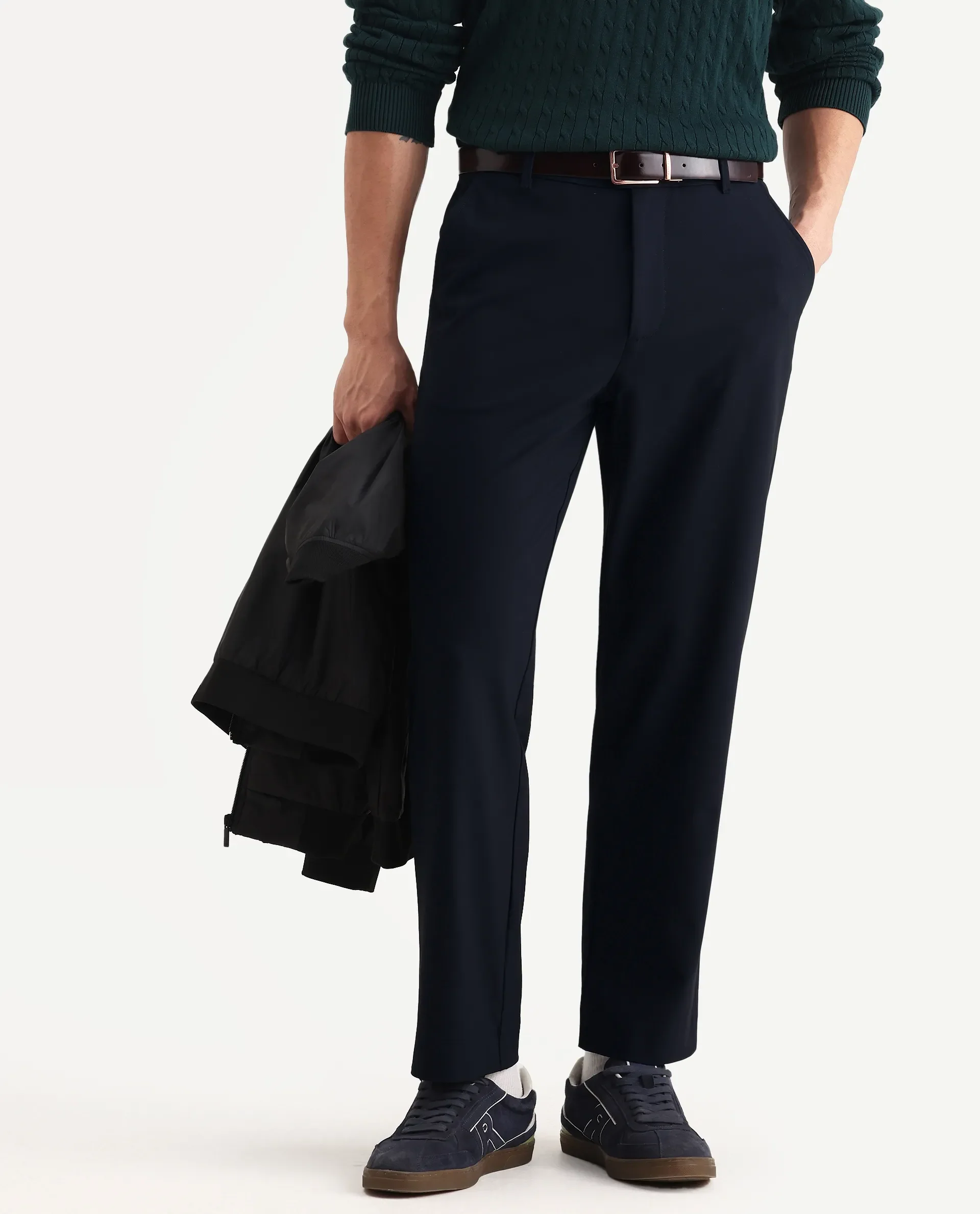 Rare Rabbit Men Kenal Navy Polyester Blend Fabric Button Closure Plain Trouser - Image 2