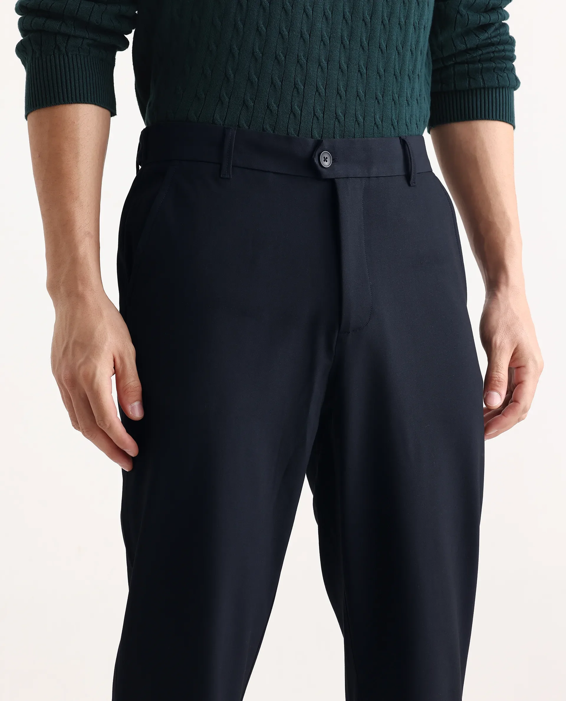 Rare Rabbit Men Kenal Navy Polyester Blend Fabric Button Closure Plain Trouser - Image 3